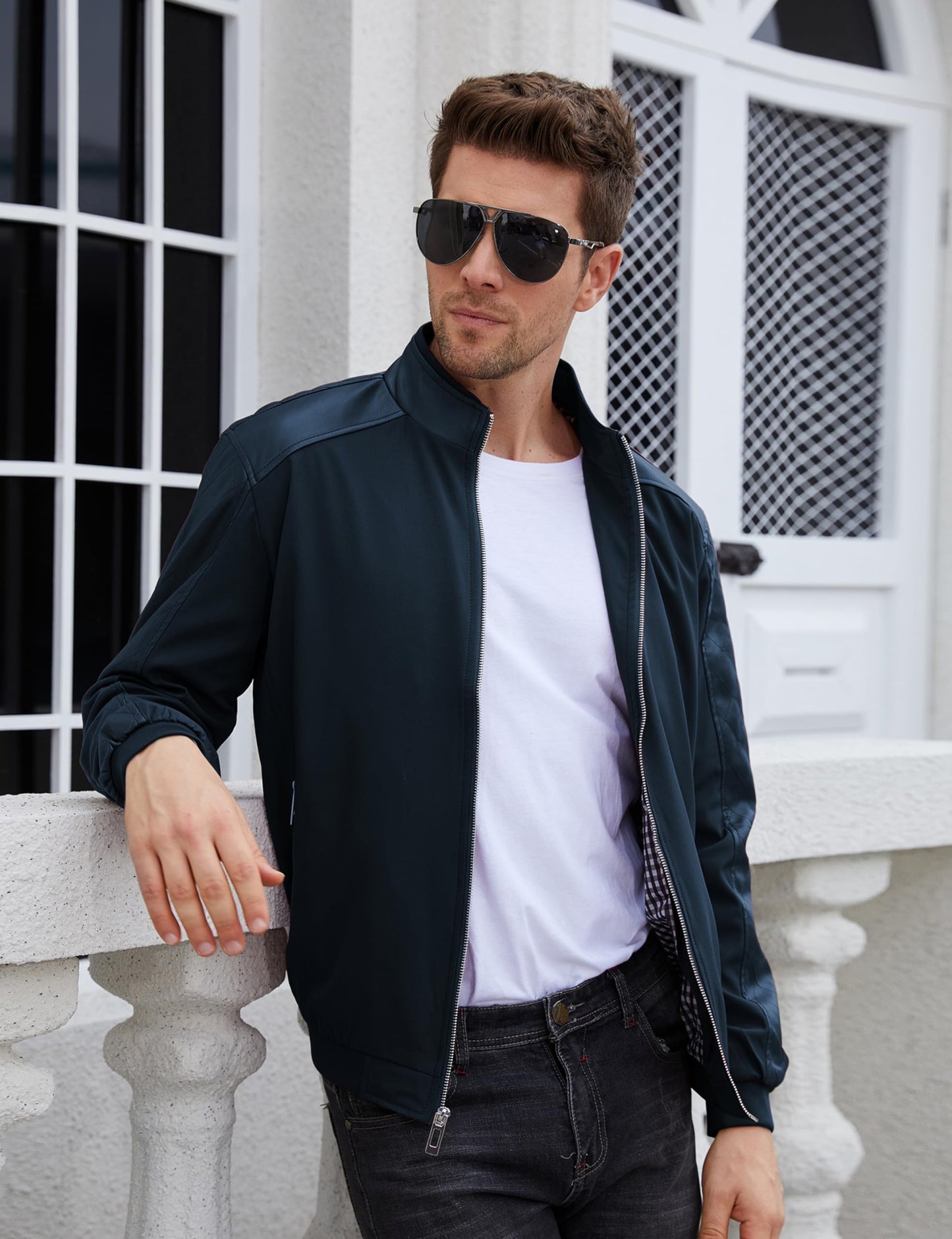 Tanming Men's Casual Slim Fit Lightweight Zip Up Softshell Bomber Jacket (XX-Large, Blue)