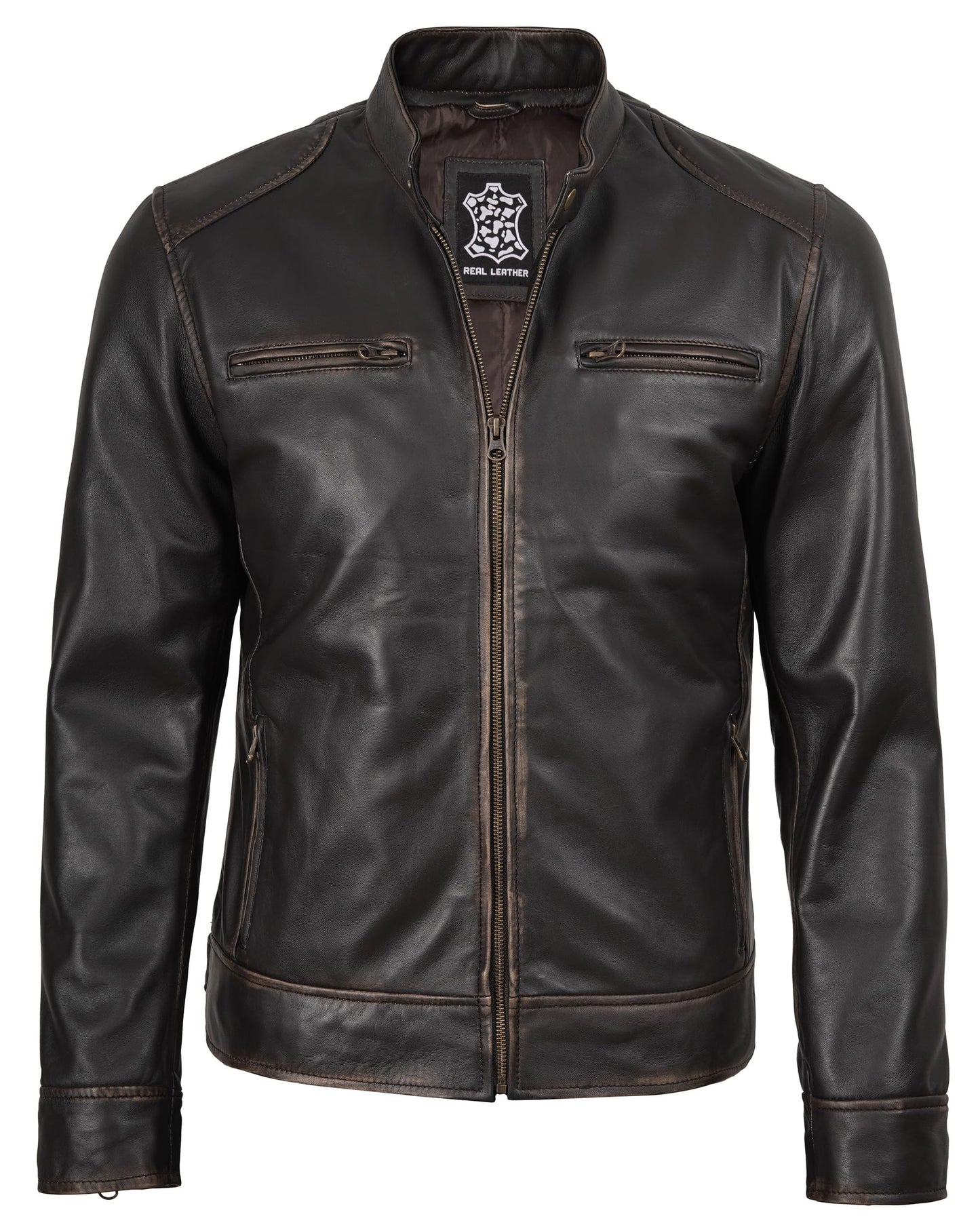 Decrum Distressed Brown Leather Jackets Mens - Men Big And Tall Leather Jacket | [1122963] Ddge Dark Brown, MT