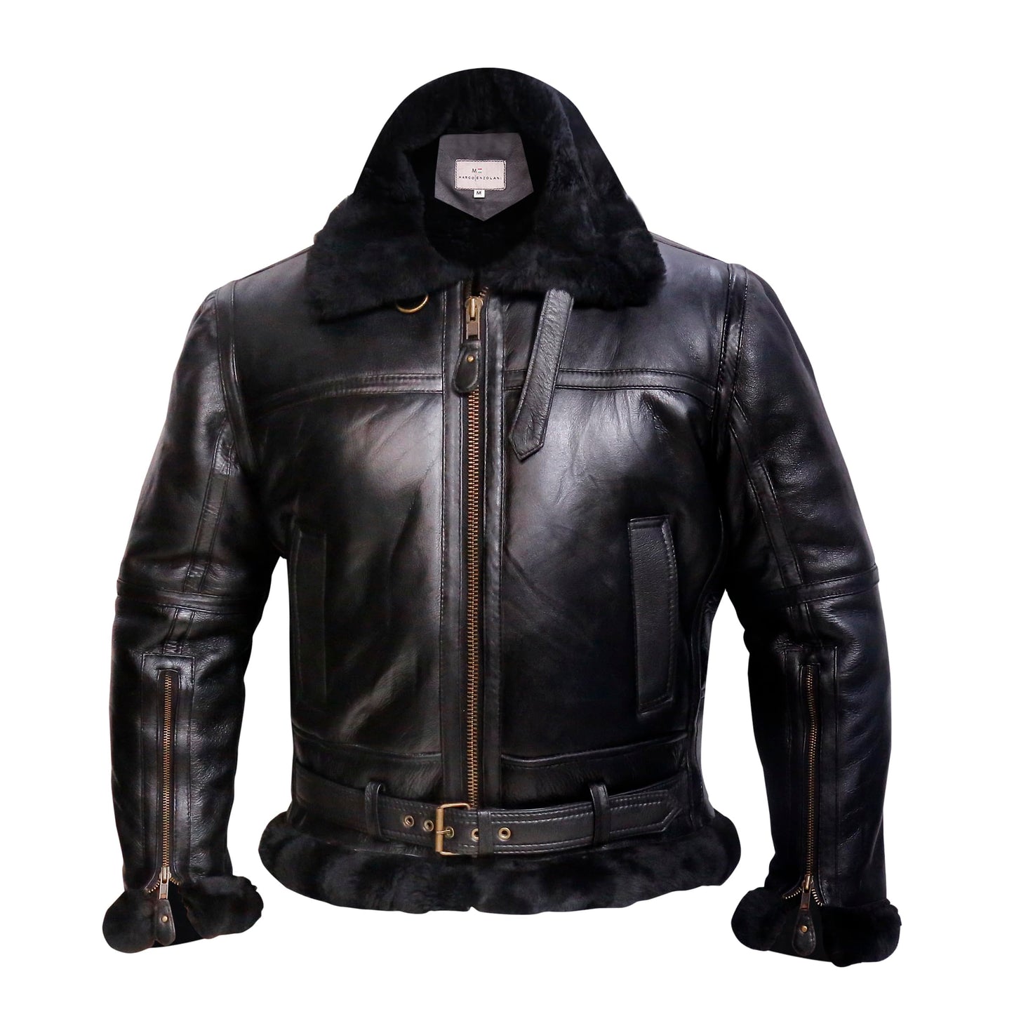 MARCO ENZOLANI RAF Bomber Bomber Jacket Aviator Real Shearling Sheepskin Leather Jacket (Ginger Black- 2XL)