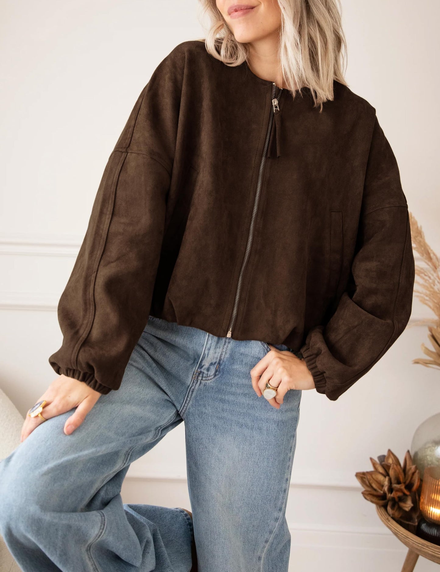 Tanming Womens Faux Suede Leather Jacket Casual Oversized Long Sleeve Zip Up Bomber Jackets Coats Outerwear(Coffee-M)