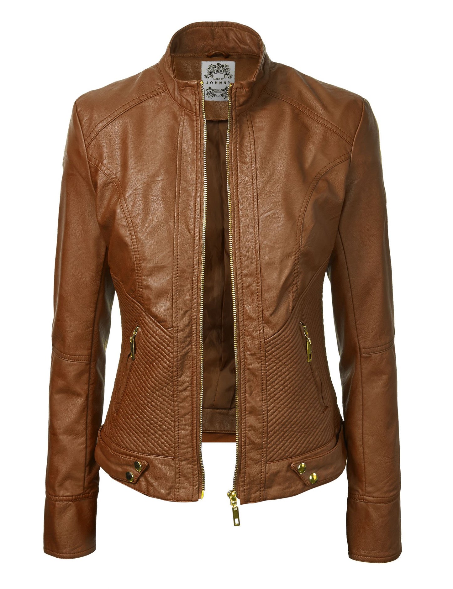 LL WJC747 Womens Dressy Vegan Leather Biker Jacket M CAMEL