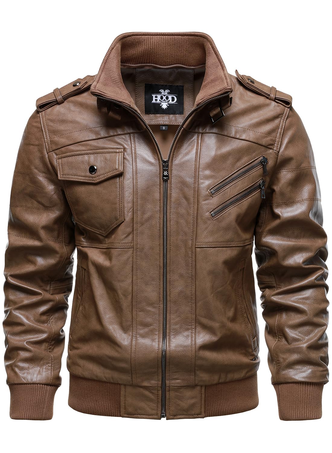 HOOD CREW Men’s Genuine Cowhide Leather Jacket Black Hooded Motorcycle Biker Jacket for Men
