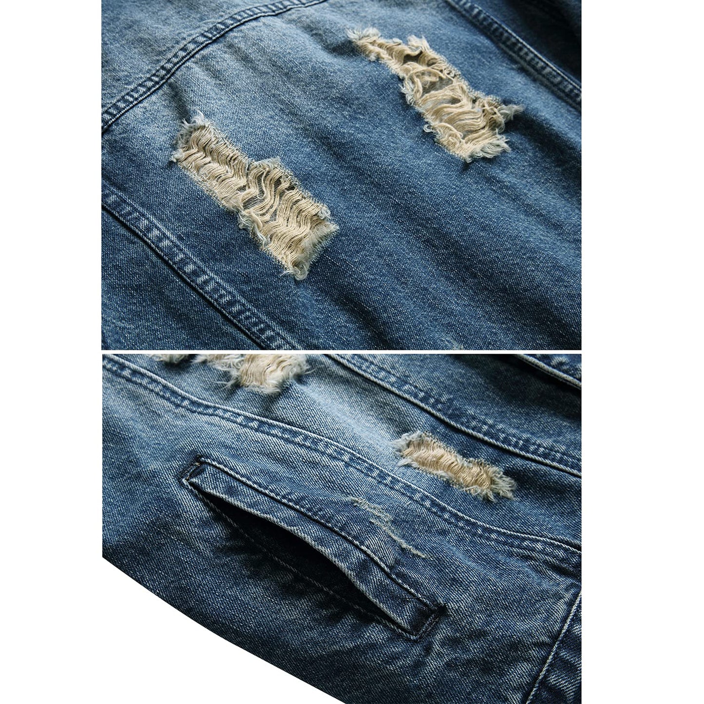 RANMCC Men's Elastic Ripped Denim Jacket, Vintage Washed Frayed Trucker Coat, Lightweight Casual All Season Street Outerwear (L, Dark Blue2071-8)
