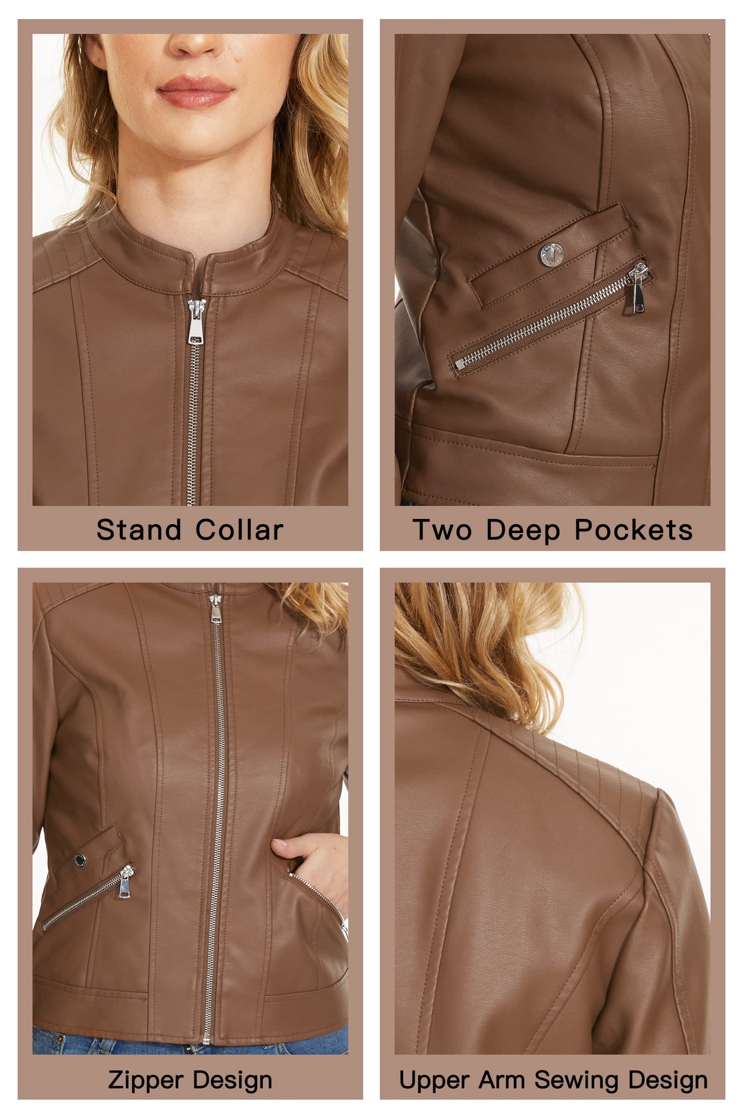 Fahsyee Women's Faux Leather Jackets, Camel Crop Petite Zip Up Motorcycle Short PU Moto Biker Outwear Stand Collar Fitted Slim Coat, Size S