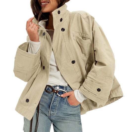 Ainangua Washed Canvas Bomber Jacket Women Oversized Funnel Neck Button Down Jackets Spring Stretch Casual Coat Outdoor(Apricot,S)