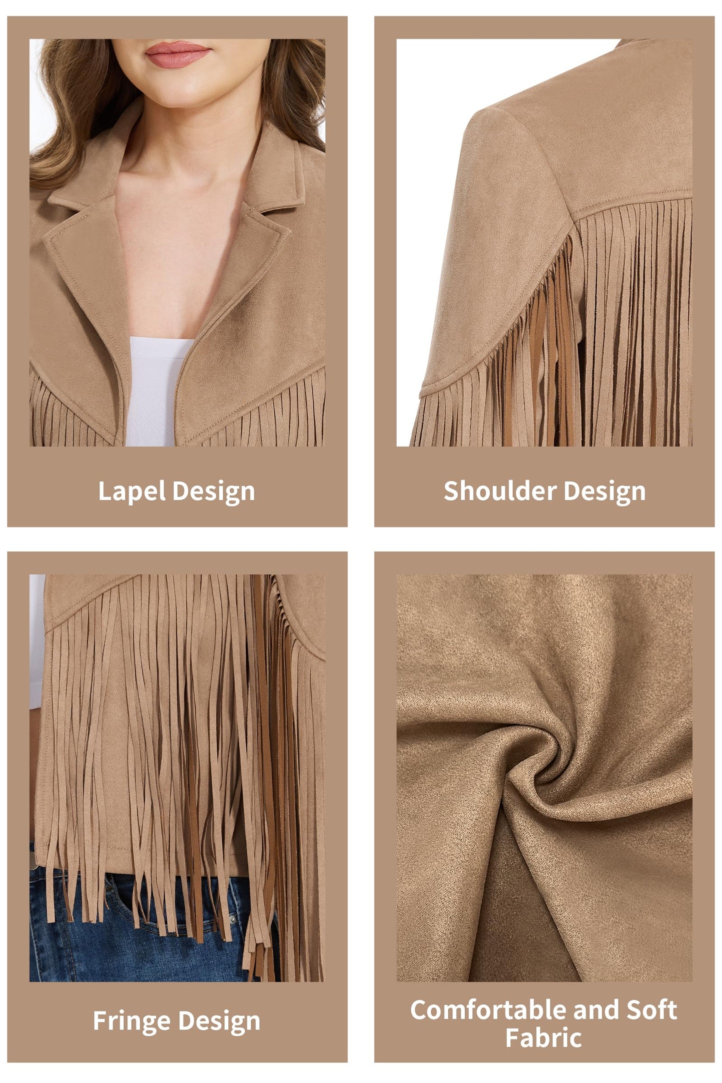 Fahsyee Fringe Leather Jacket Women, Western Cowgirl Outfits for Women Country Concert Wear Suede Cropped Coat Camel S