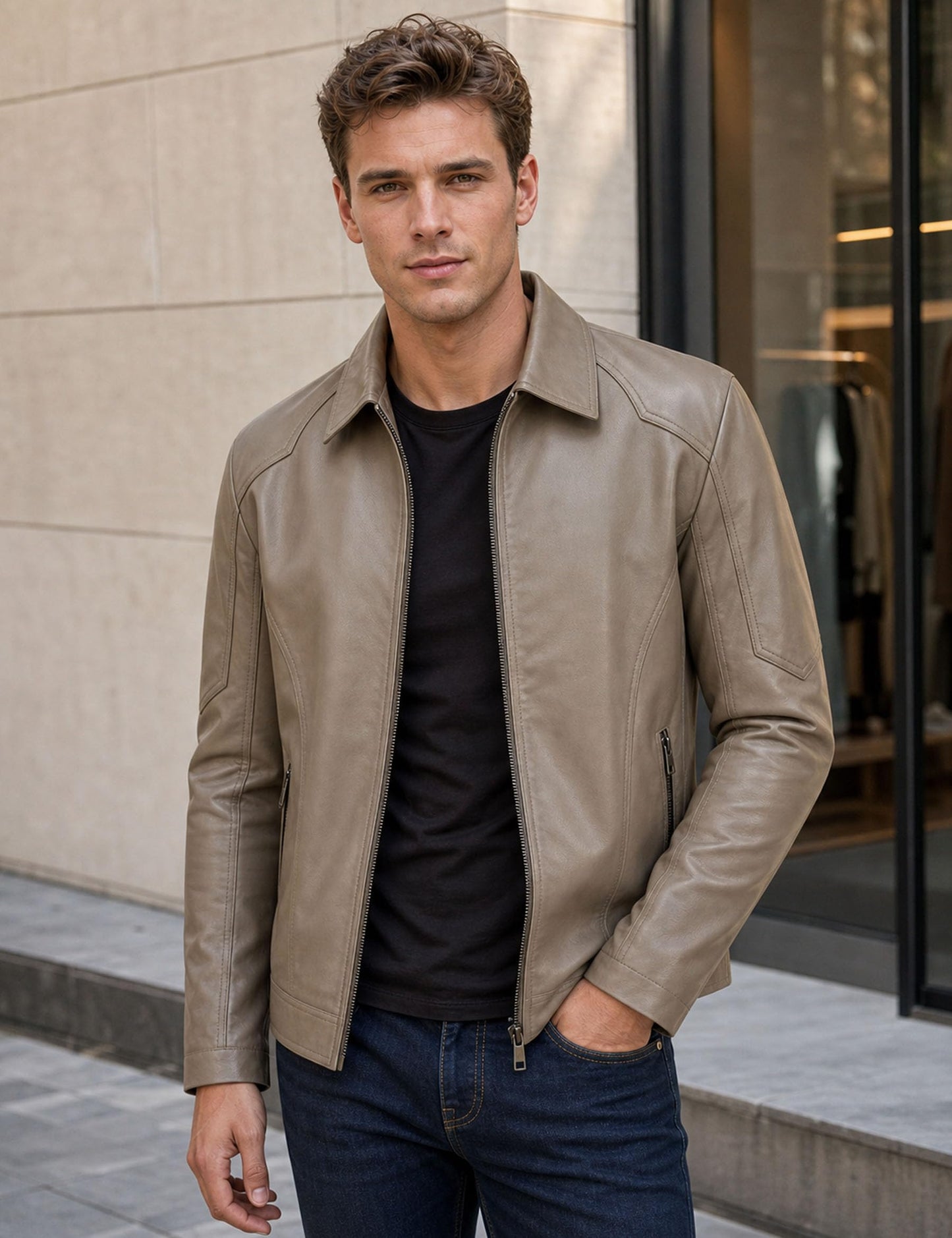 Khaki Leather Jacket Men Faux Leather Jackets Motorcycle Biker Coat L