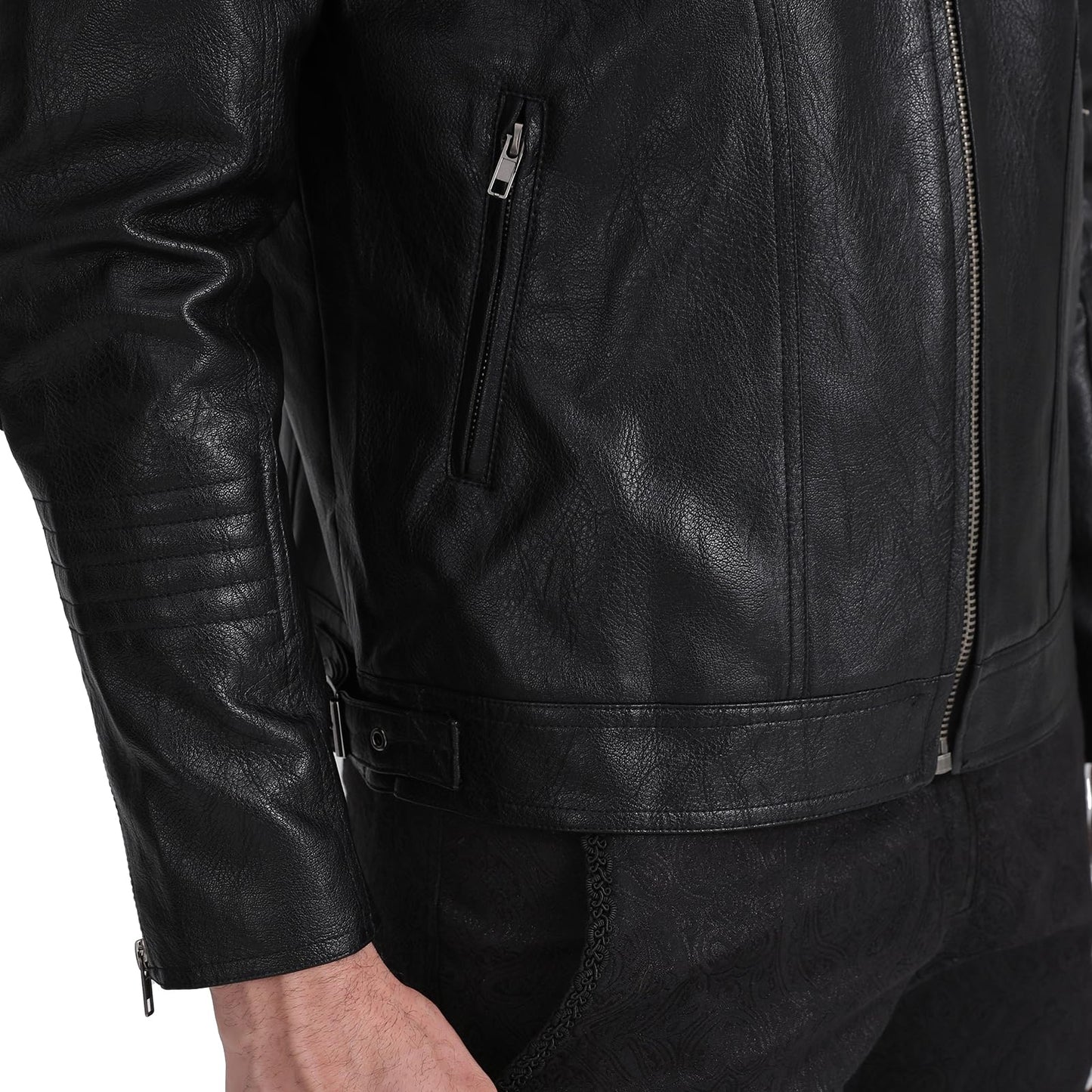 TZMAPU men's motorcycle PU leather jacket Punk style standing collar short jacket (Large, Black)