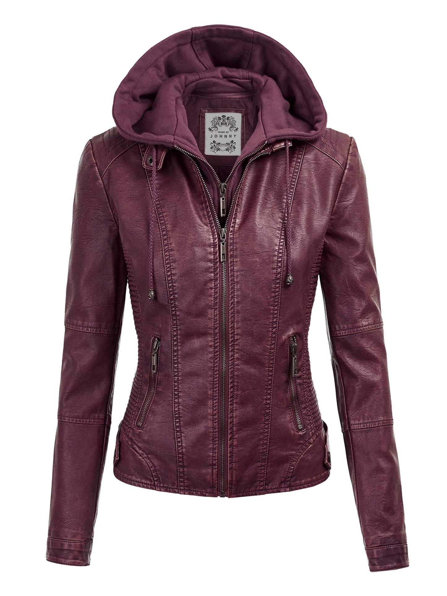 Made By Johnny MBJ WJC1044 Womens Faux Leather Quilted Motorcycle Jacket with Hoodie XS Wine