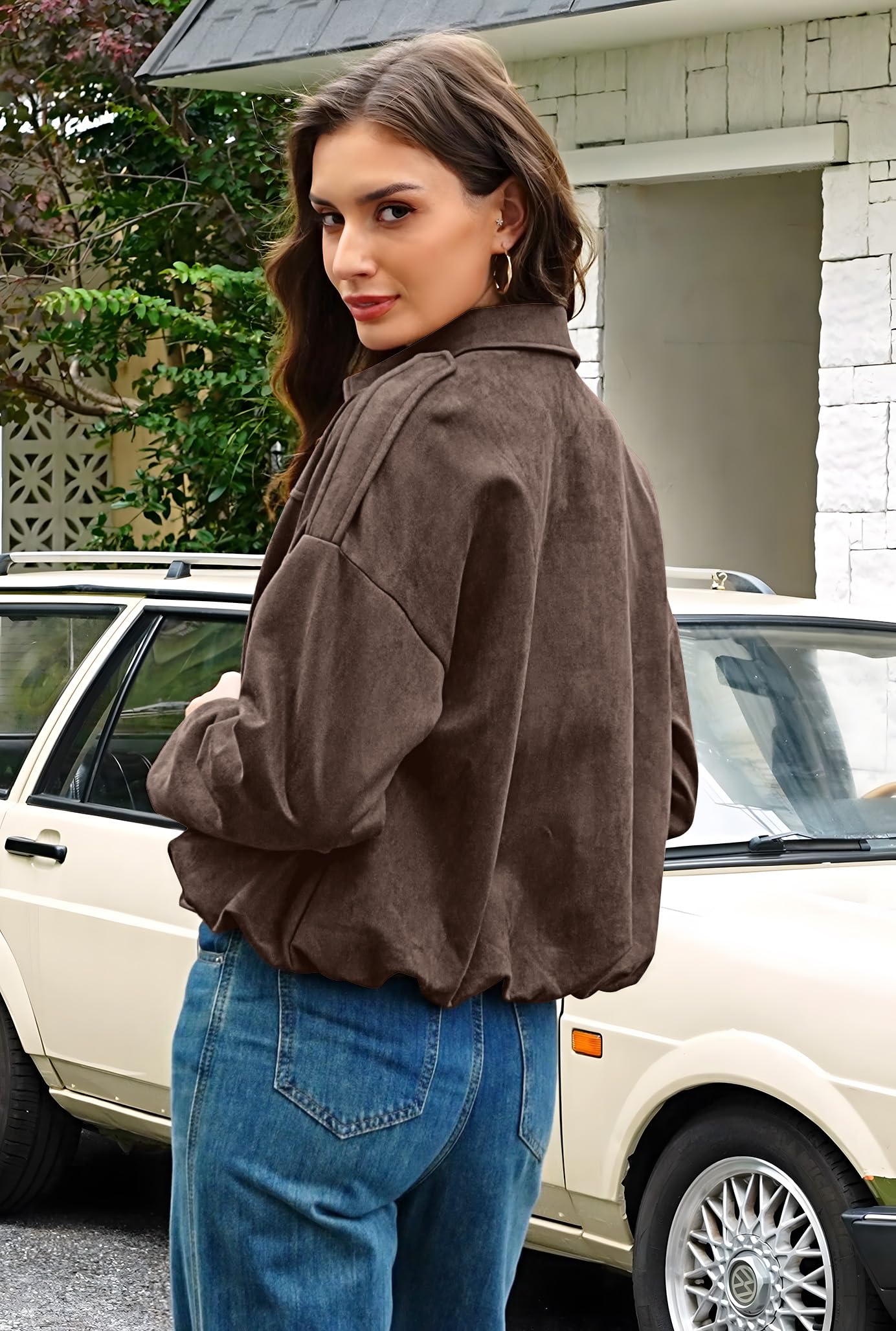 kipfall Womens Faux Suede Jackets Fall Fashion Outfits Coat Winter Clothes Open Front Cropped Jacket
