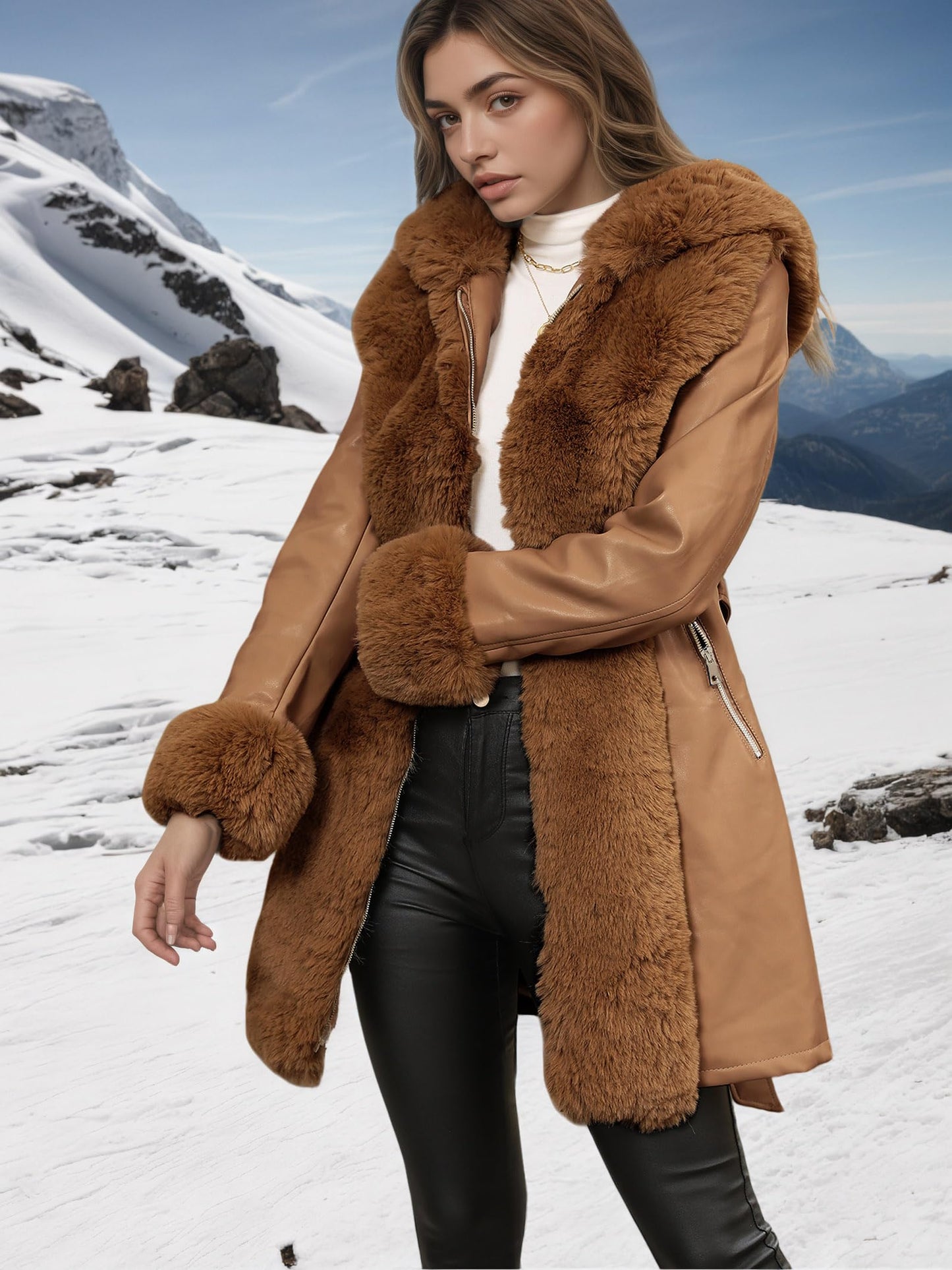 RISISSIDA Luxurious Fur Lined Faux Leather Jacket Women Winter Coat Hood Long Fur Collar Cuffs Zipper Up Pockets,Thick Warm Heavy Overcoat Belted Camel M