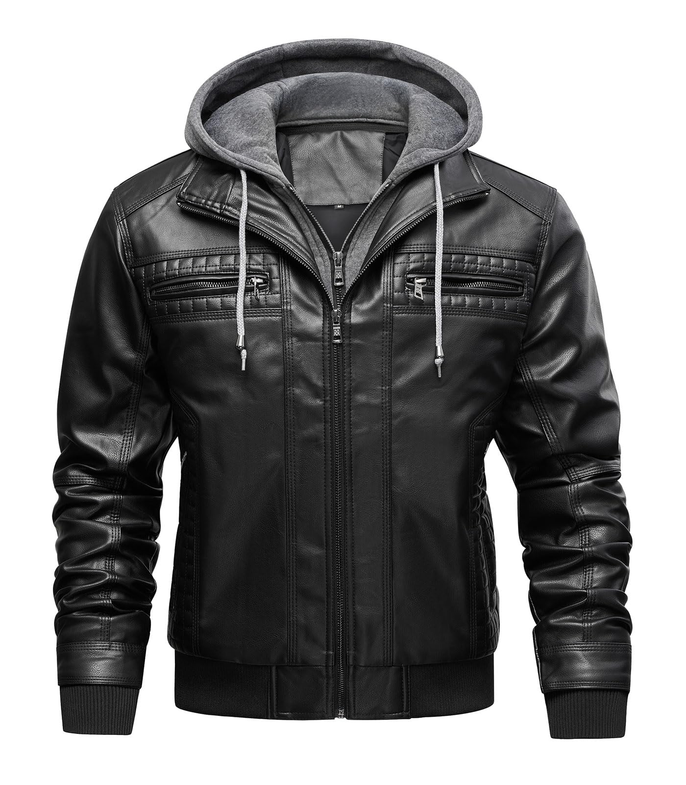 INVACHI Men's Leather Jacket Motorcycle Bomber Jacket Windproof PU Vintage Jacket with Removable Hood