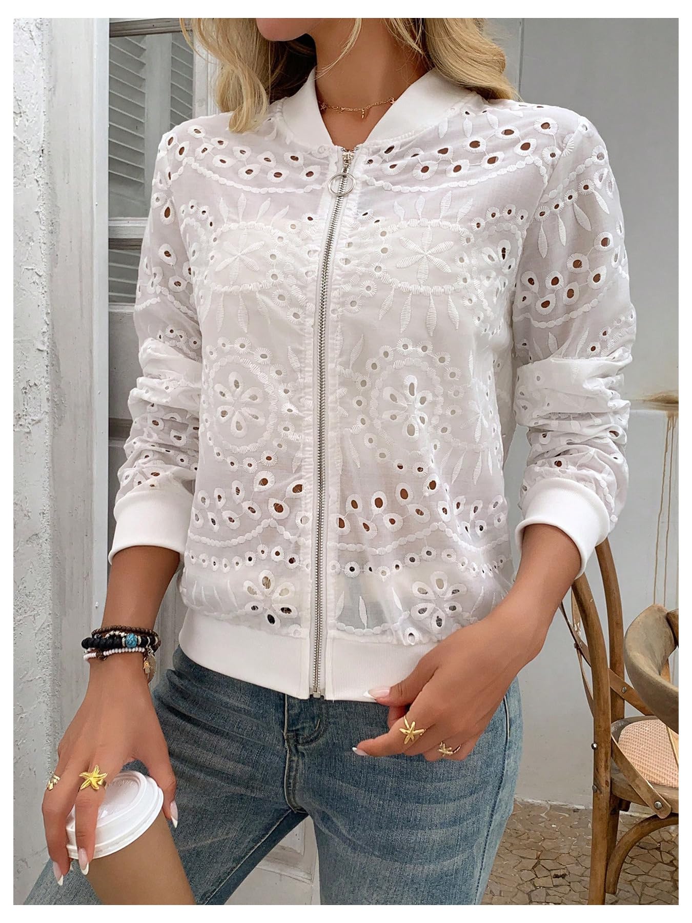 WDIRARA Women's Eyelet Embroidery Bomber Jacket Zip Up Long Sleeve Coat