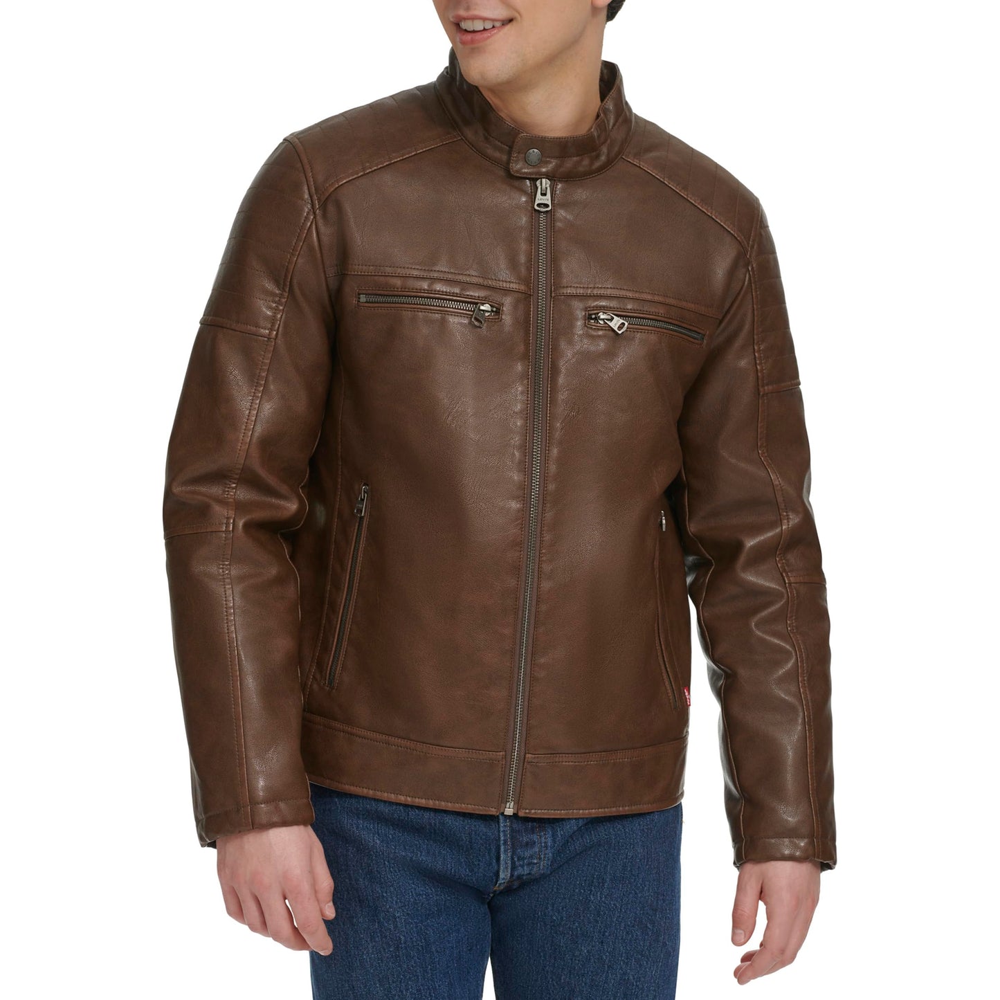 Levi's Men's Faux Leather Hooded Racer Jacket, Saddle Quilt Lined, Large