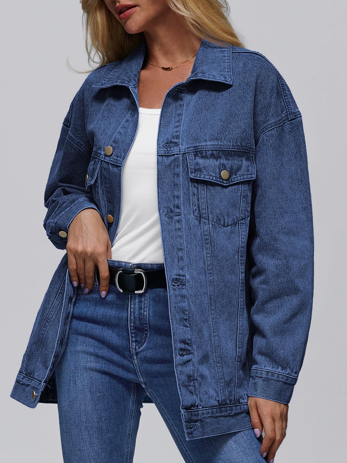 AUTOMET Women's Button Down Oversized Jeans Jacket with Pockets