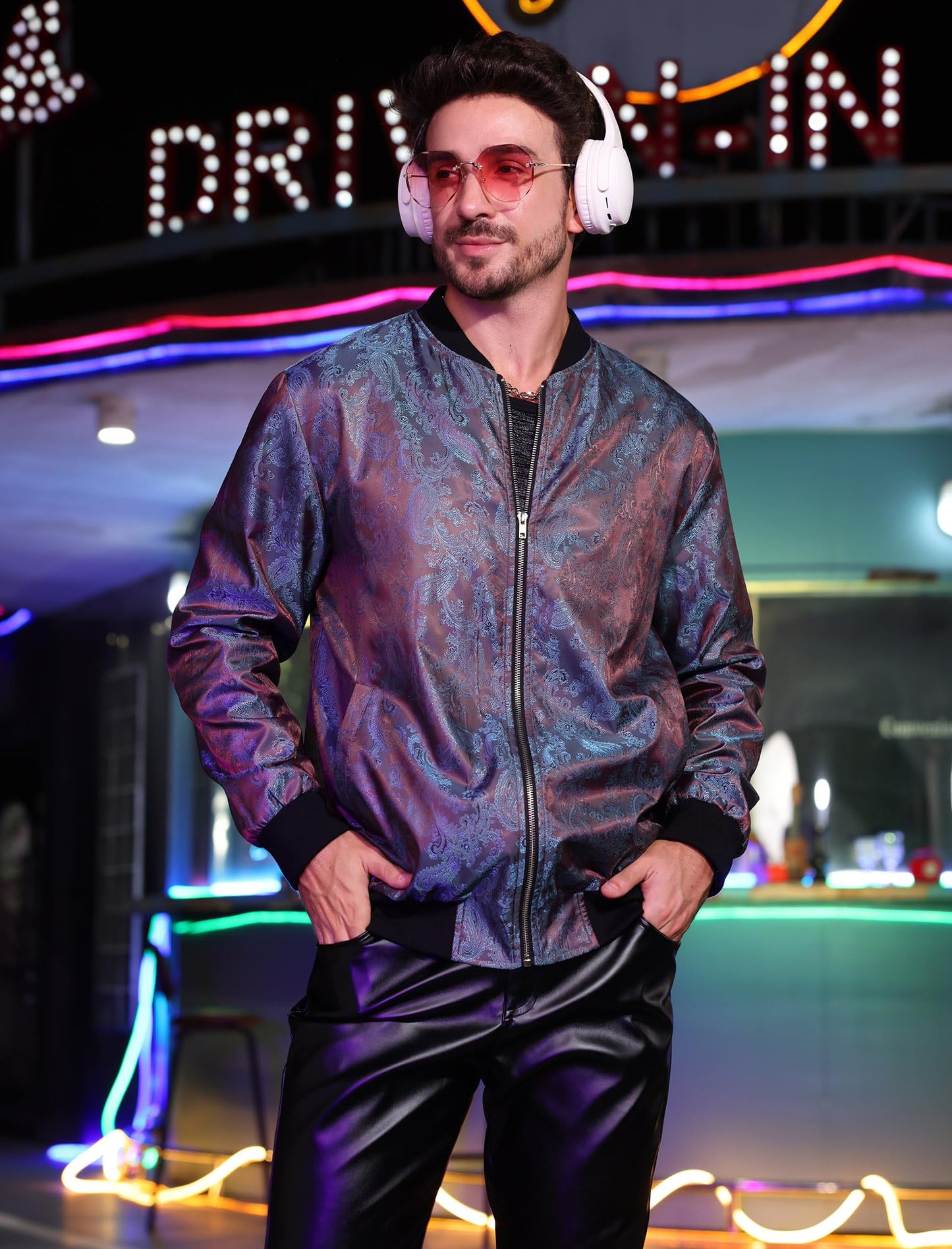 Bomber Jacket Windbreaker Jackets Men 70s Disco Men Long Sleeve Zip Up Varsity Jacket Stand Collar Coat With Pockets Nightclubs Leisure Holiday Fall Winter Chaqueta Bomber Para Hombre Purple-Blue S