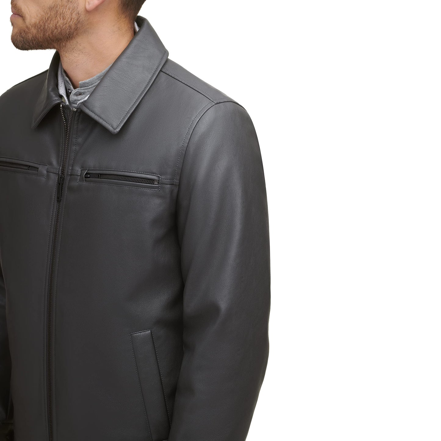 Dockers Men's James Faux Leather Jacket, Grey w. Chest Zip, Medium