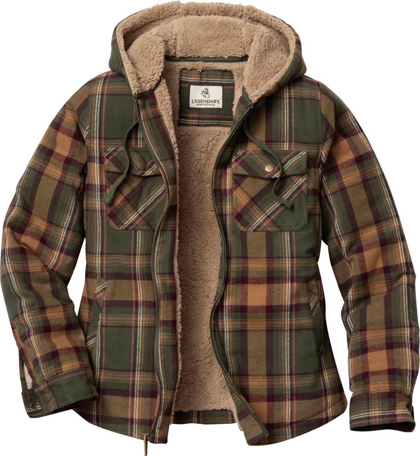 Legendary Whitetails Womens Hooded Shacket Berber Lined Shirt Jacket, Mossy Meadows, XL