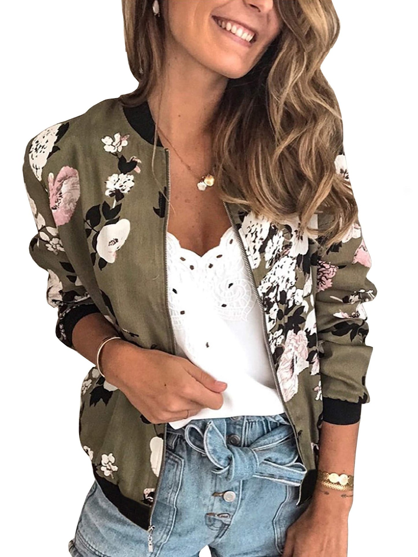 ECOWISH Women's Casual Floral Zip Up Bomber Jacket Lightweight Coat Short No Lining Quilted Outwear Tops Pocket Thin Outfit 333 Army Green Medium