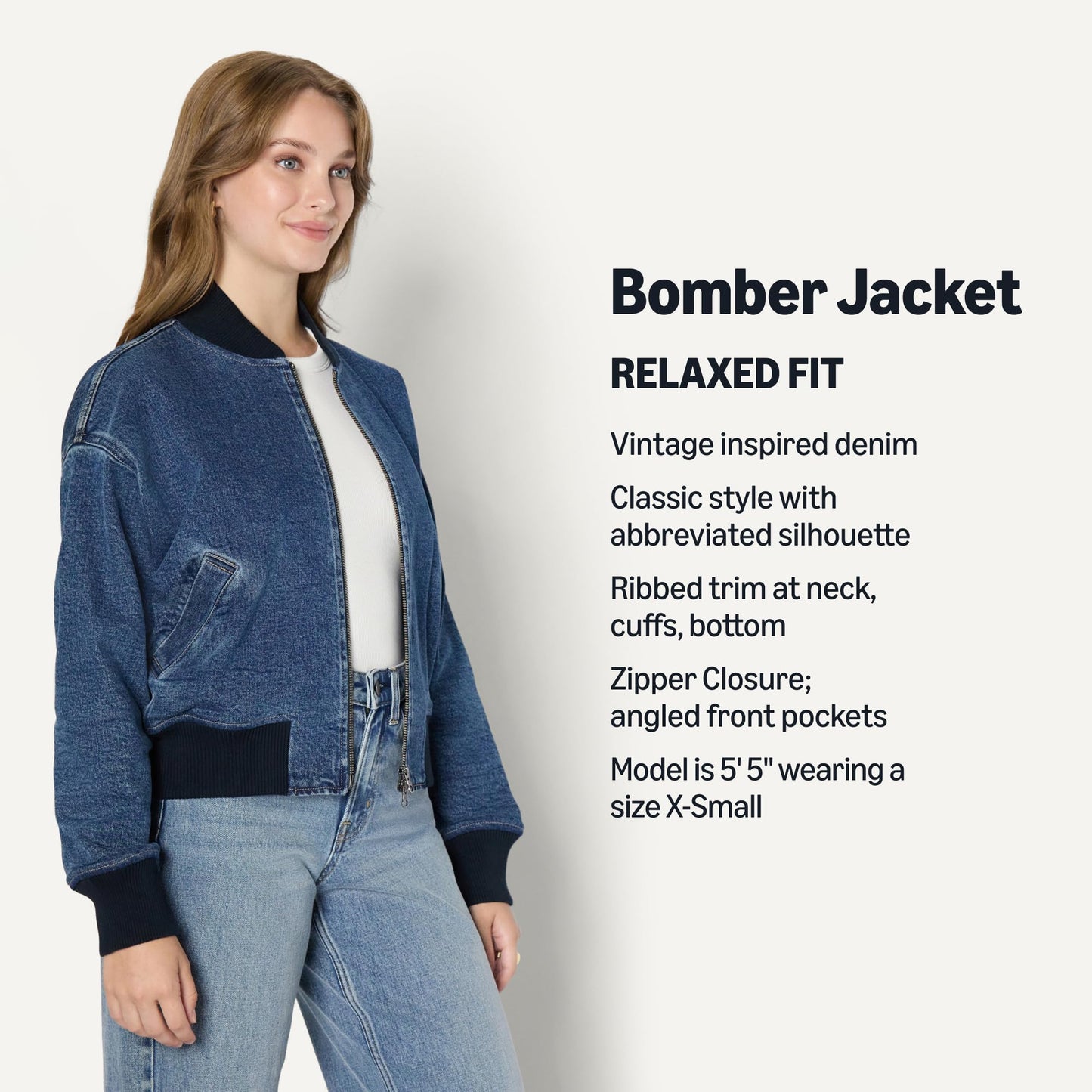 Amazon Essentials Women's Relaxed-Fit Denim Bomber Jacket, Medium Blue Vintage, Large