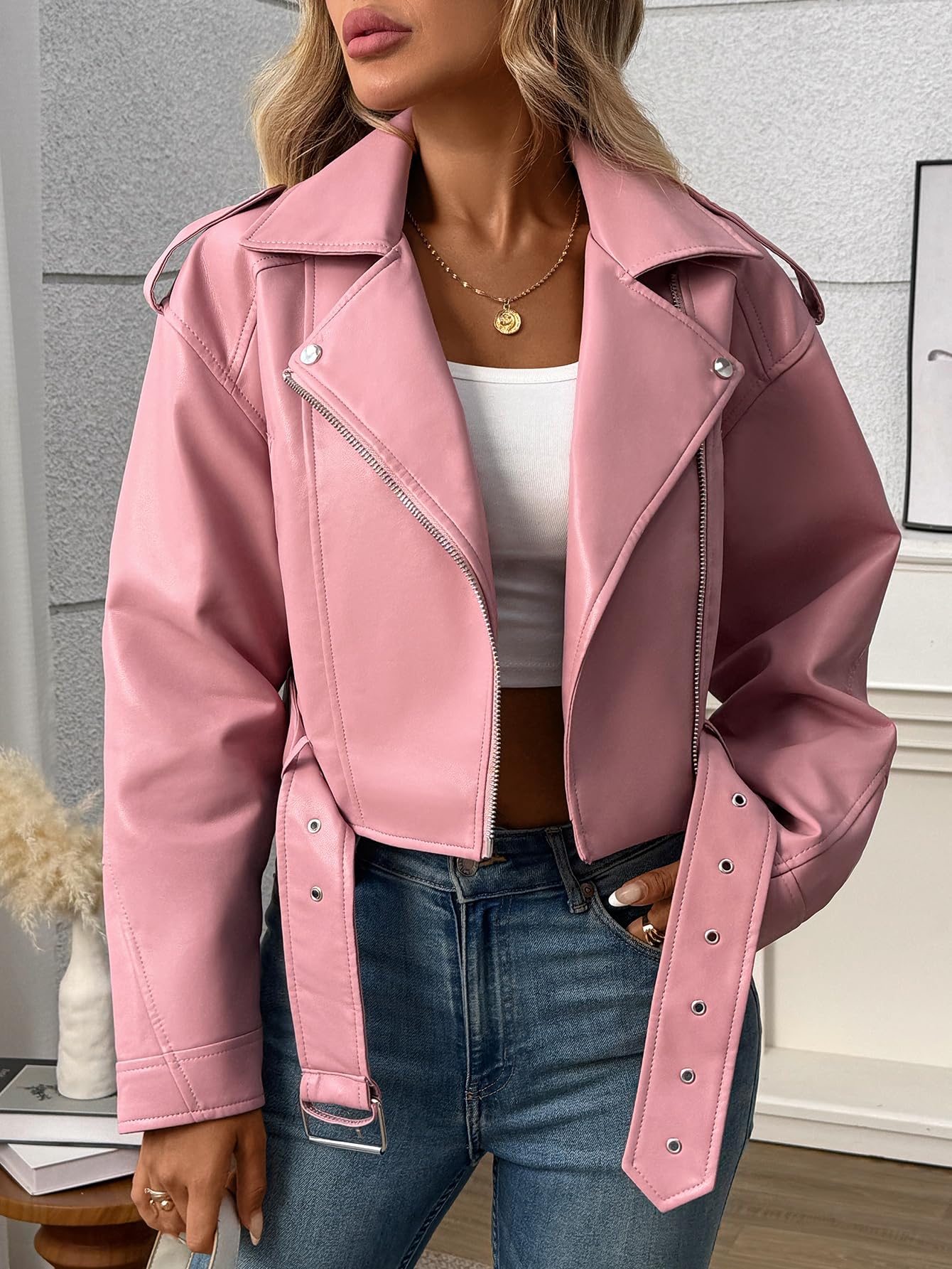 LY VAREY LIN Women Faux Leather Cropped Jacket Vegan Motor Biker Coat with Belt