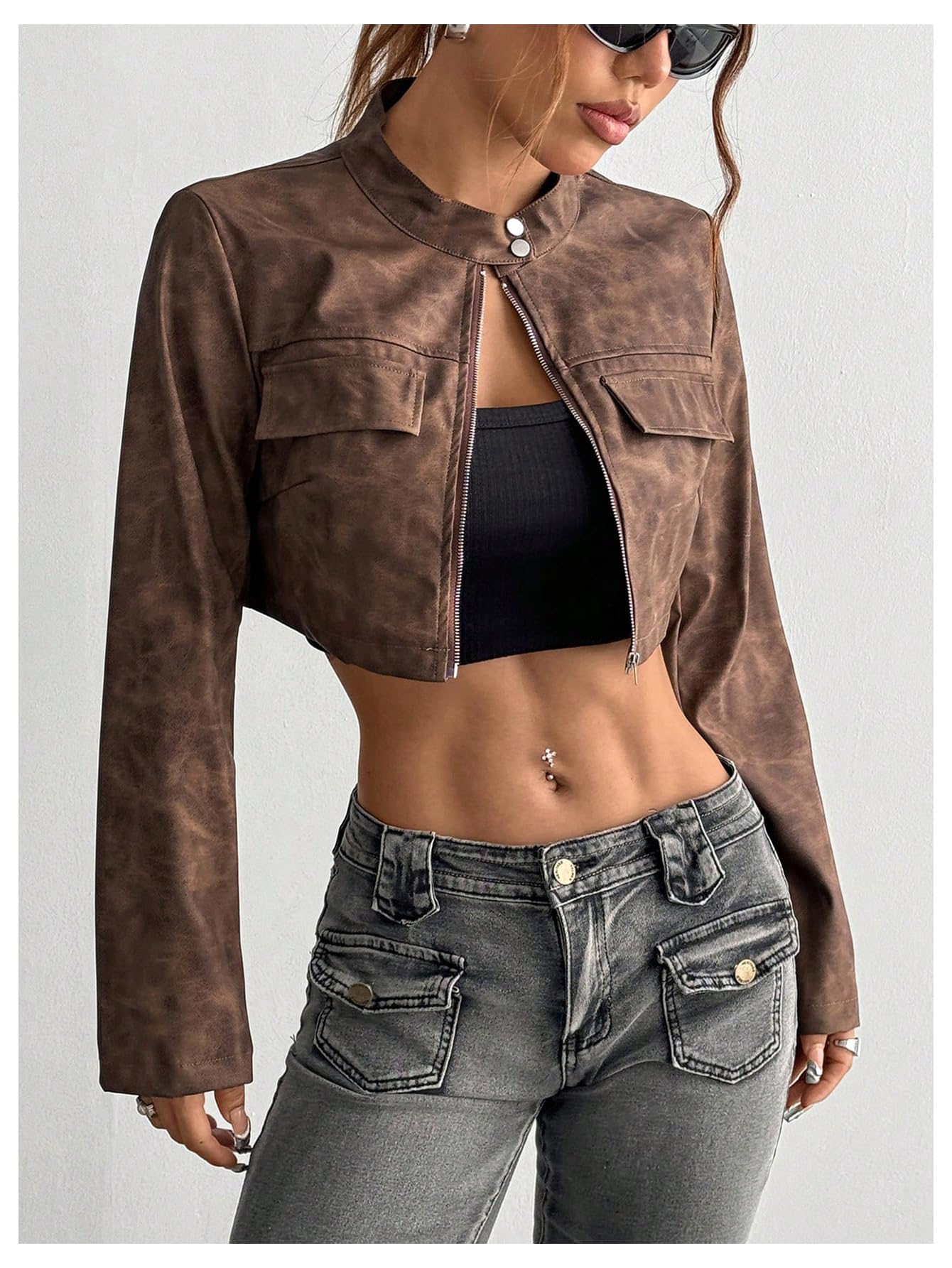 Milumia Women's Faux Leather Cropped Jacket Y2k Zip Up Stand Collar Motorcycle Short Coat Jacket Streetwear Brown X-Small