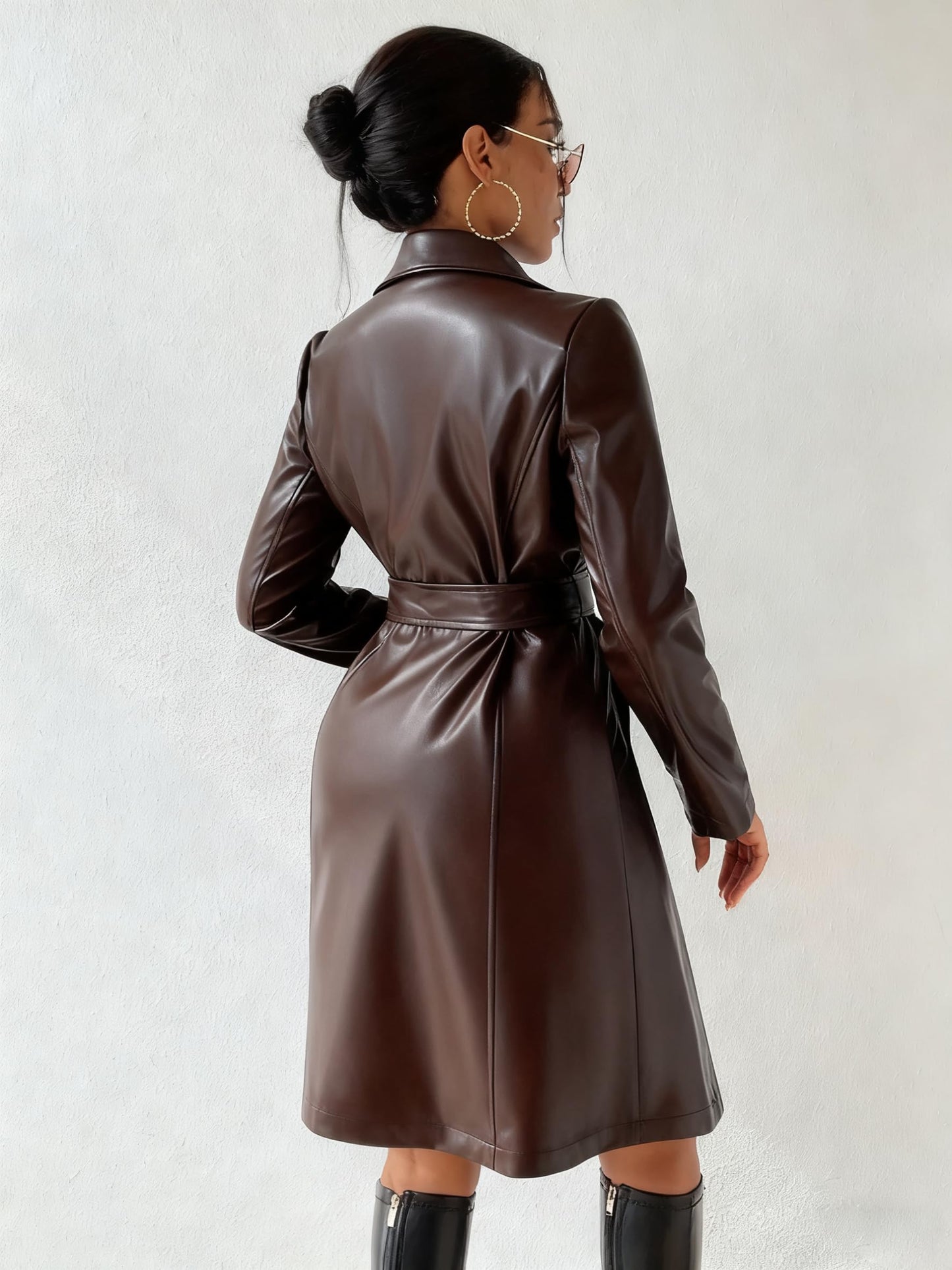 utcoco Womens Long Leather Jacket Classic Lapel Open Front Leather Trench Coat with Belt (X-Large, Coffee)