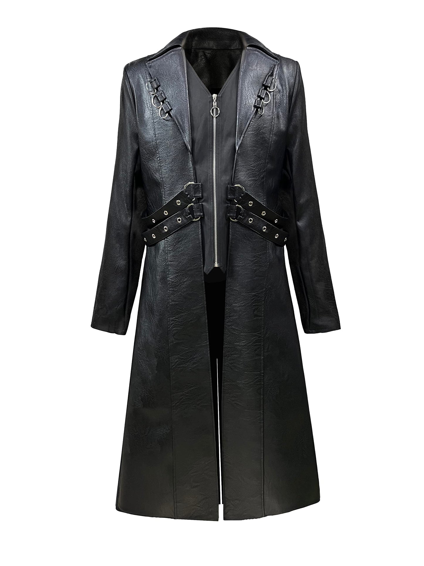 DRTES Mens Steampunk Faux Leather Jacket Trench Coat Motorcycle Jacket (Black, X-Large)