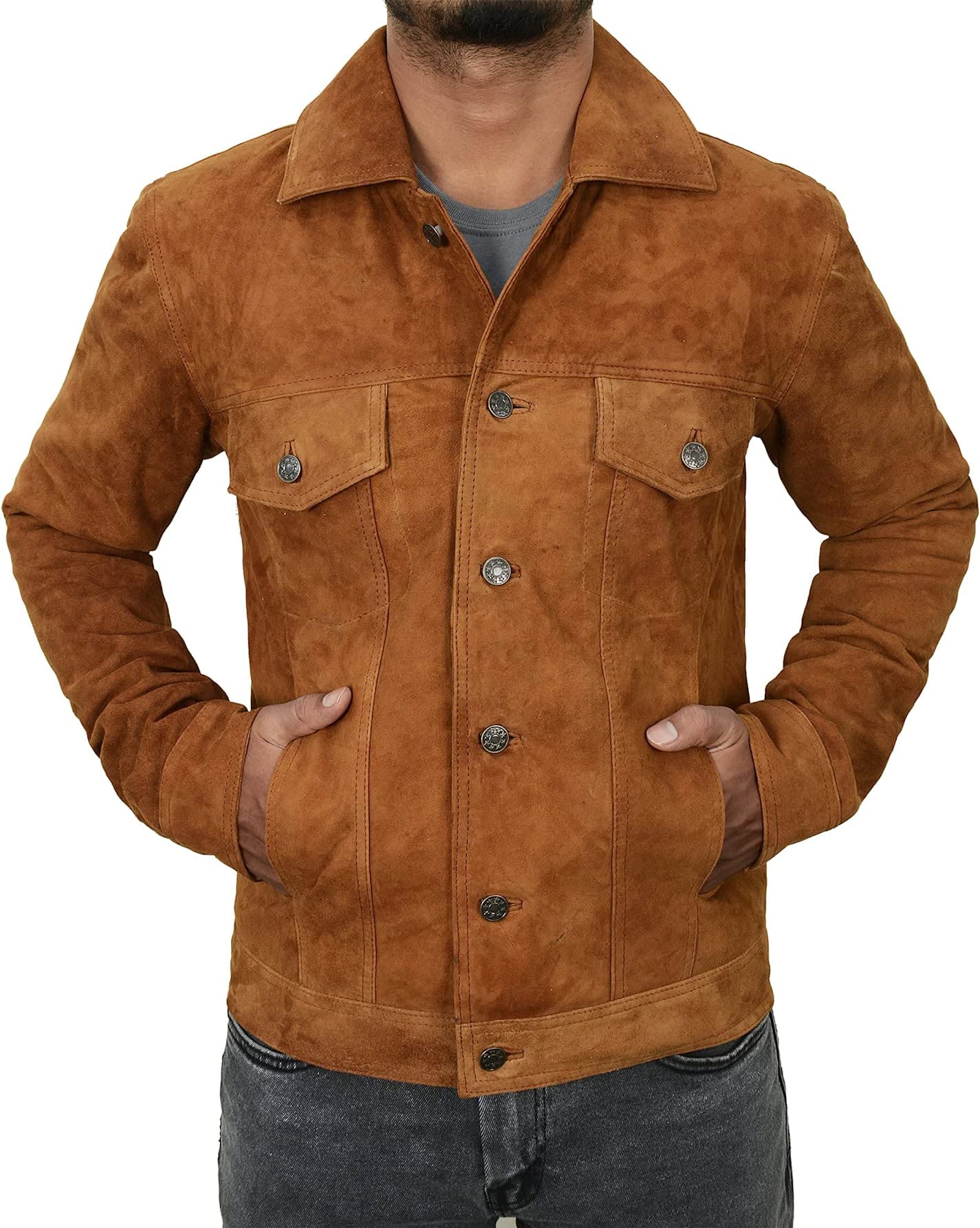 III-Fashions Mens Suede Jacket - Vintage Classic Western Trucker Coat Geniune Suede Leather Jacket (Camel Brown, M) (III-1001)