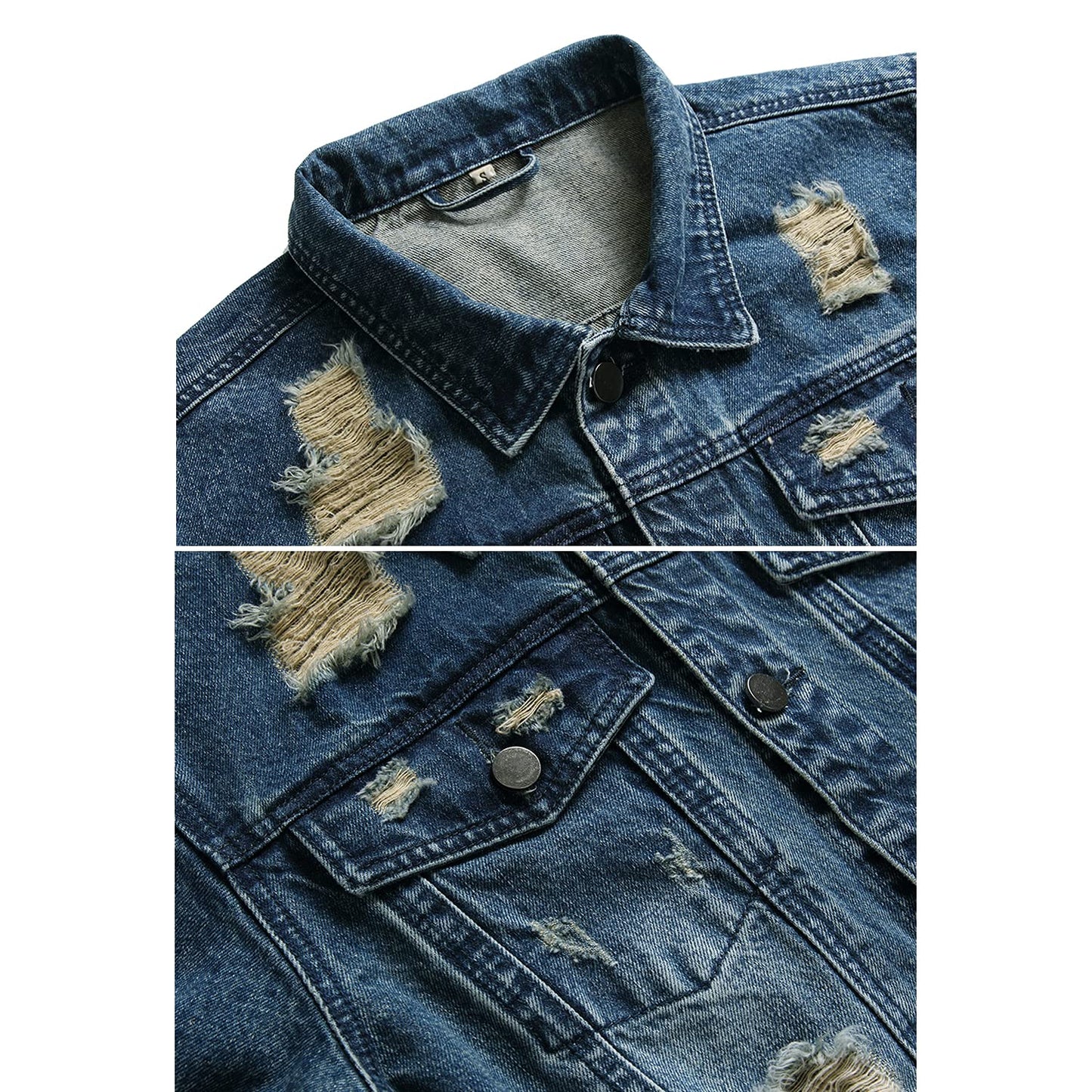 RANMCC Men's Elastic Ripped Denim Jacket, Vintage Washed Frayed Trucker Coat, Lightweight Casual All Season Street Outerwear (L, Dark Blue2071-8)