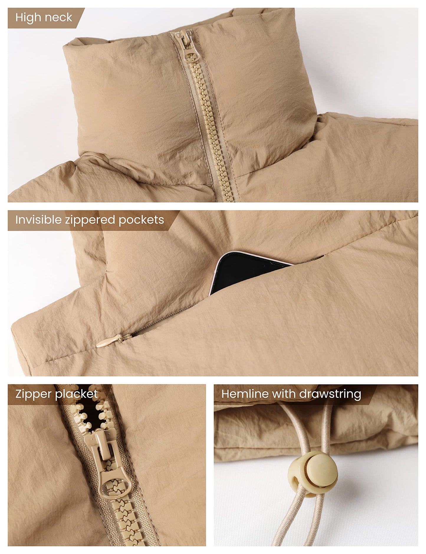 UANEO Cropped Puffer Vest Women Zip Up Stand Collar Sleeveless Padded Crop Puffy Vests (Khaki-S)