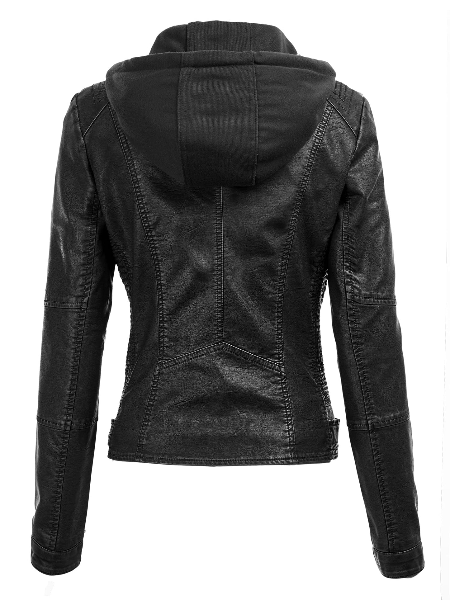 Made By Johnny MBJ WJC1044 Womens Faux Leather Quilted Motorcycle Jacket with Hoodie M Black