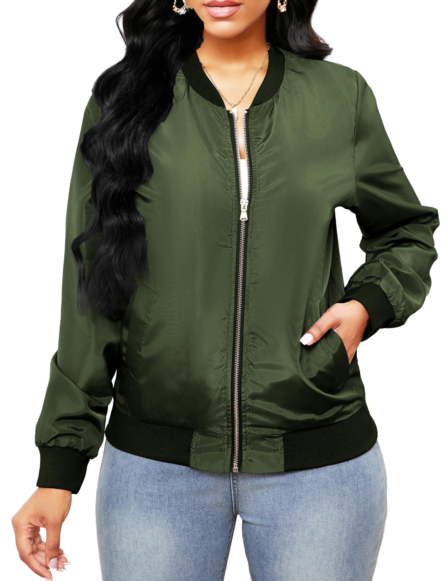 sexycherry ArmyGreen Bomber Jackets for Women Casual Short Outwear Coats