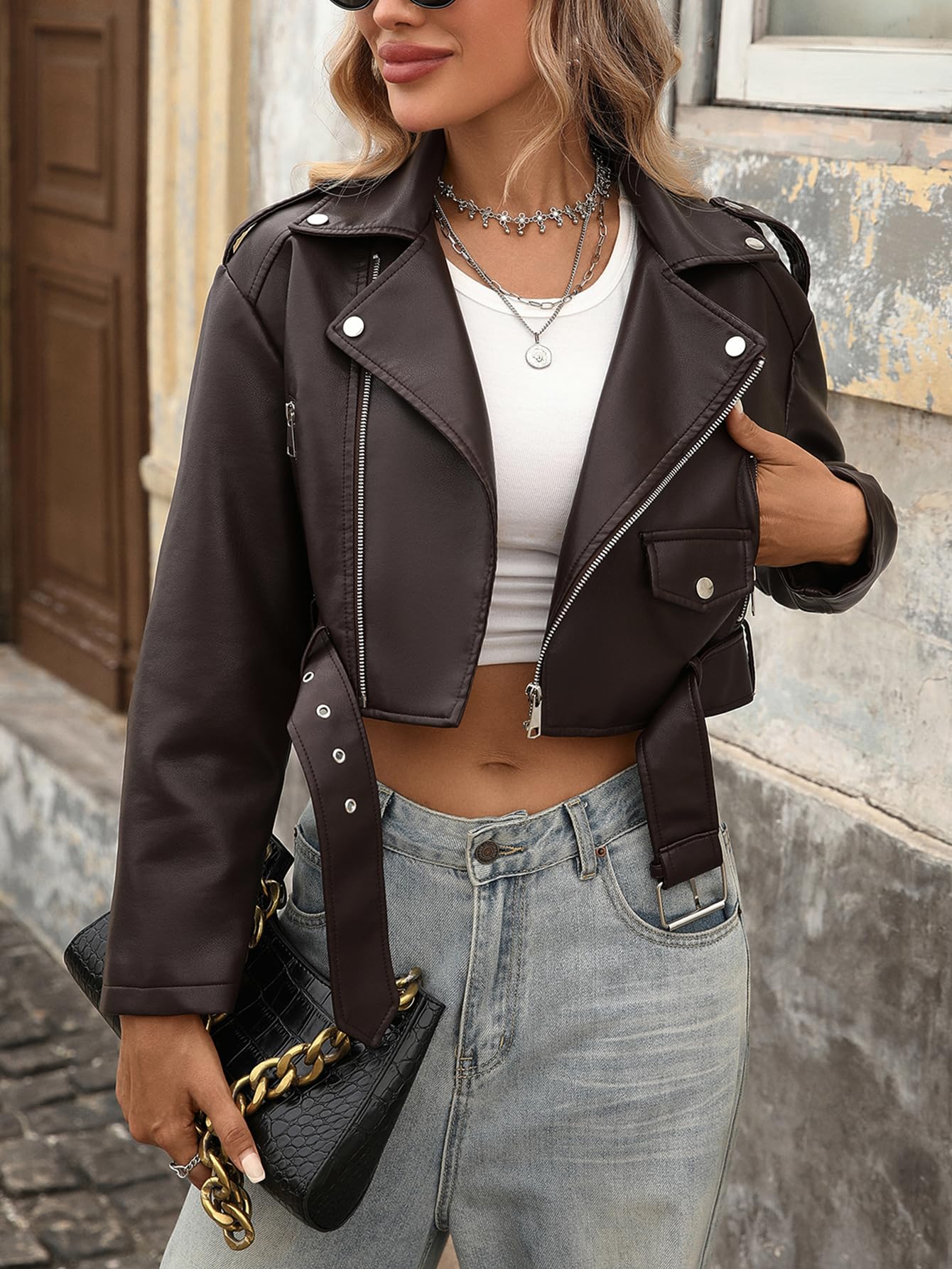 LY VAREY LIN Women Faux Leather Cropped Jacket Bomber Aviator Motor Biker Coat with Belt