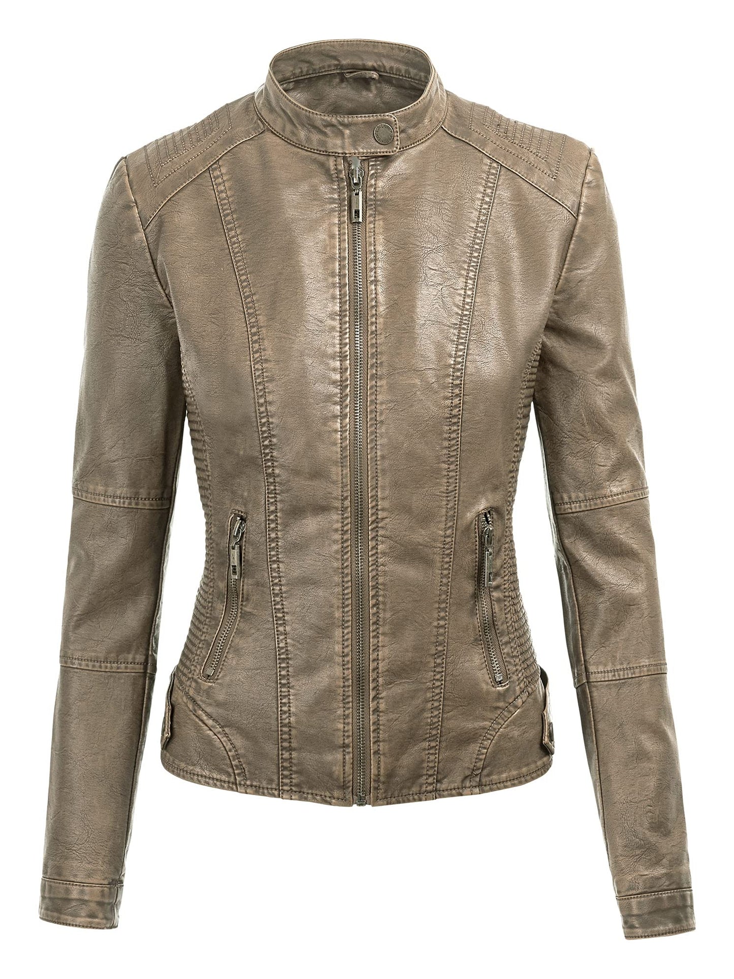 Made By Johnny MBJ Womens Faux Leather Quilted Motorcycle Jacket with Hoodie L Khaki