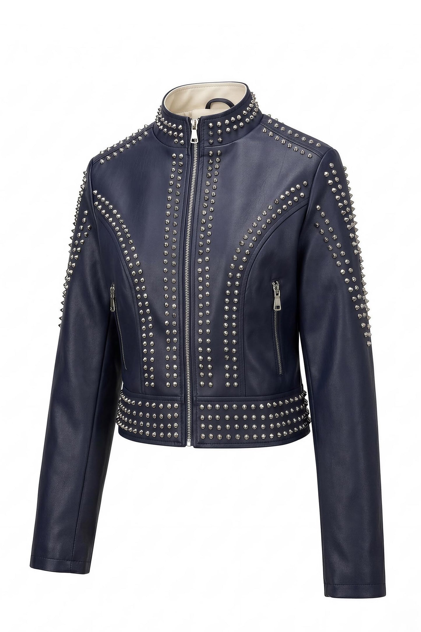 Bellivera Women's Faux Leather Moto Studded Rivet Casual Jacket D.Blue L