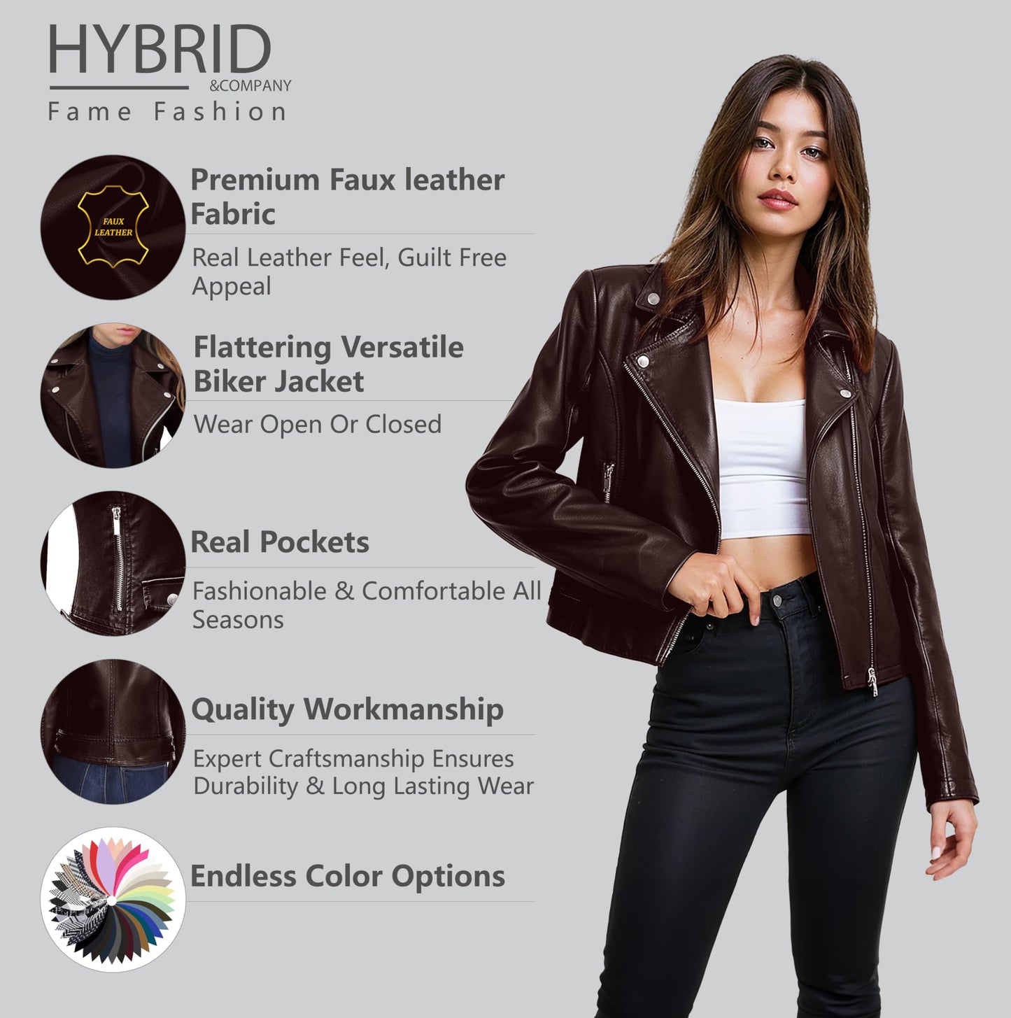 Olivia Miller Women's Faux Leather Moto Biker Jacket Long Sleeve Zip Jacket JK5208 BROWN S