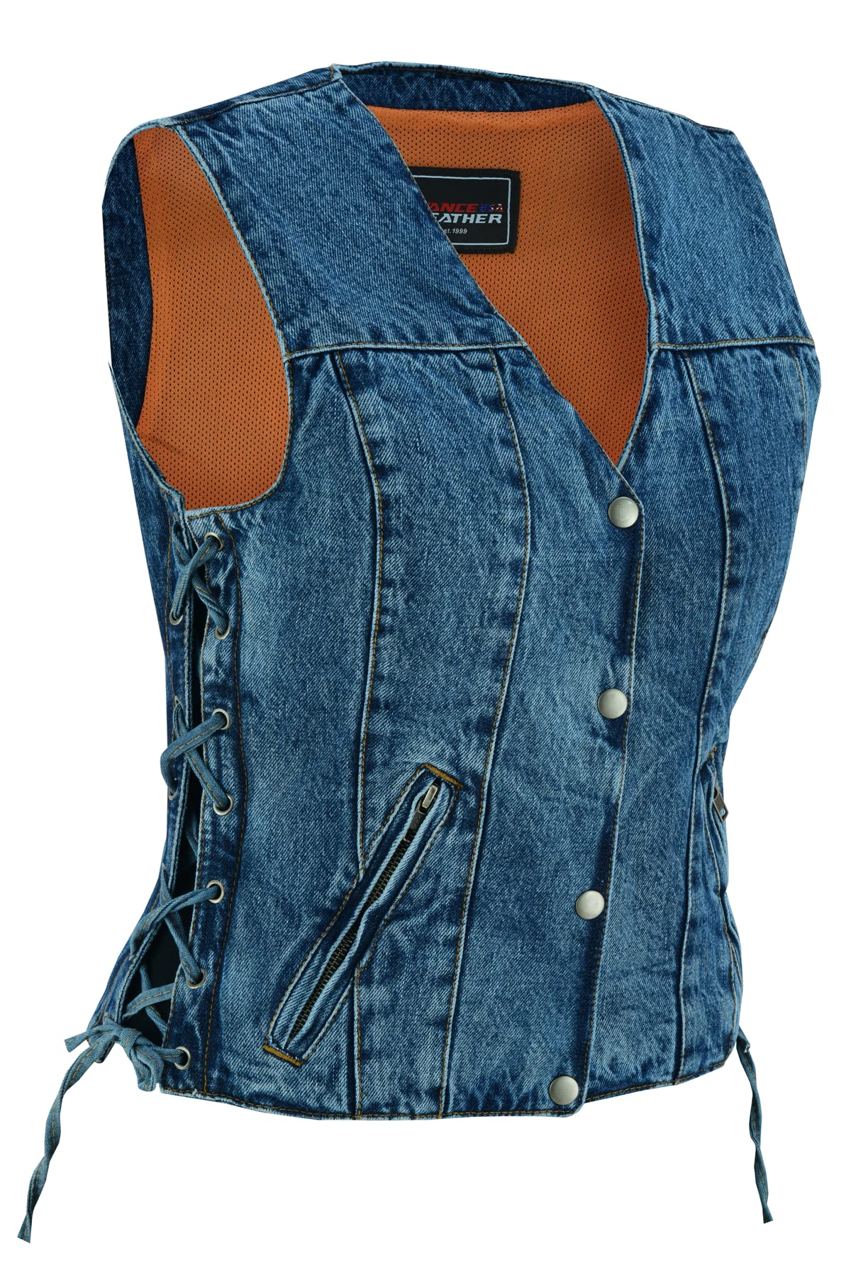 Vance Leather Women's Blue V-Neck Denim Motorcycle Vest, Classic Biker Riding Vest with Side Laces & Dual Interior Pockets (Blue, M)