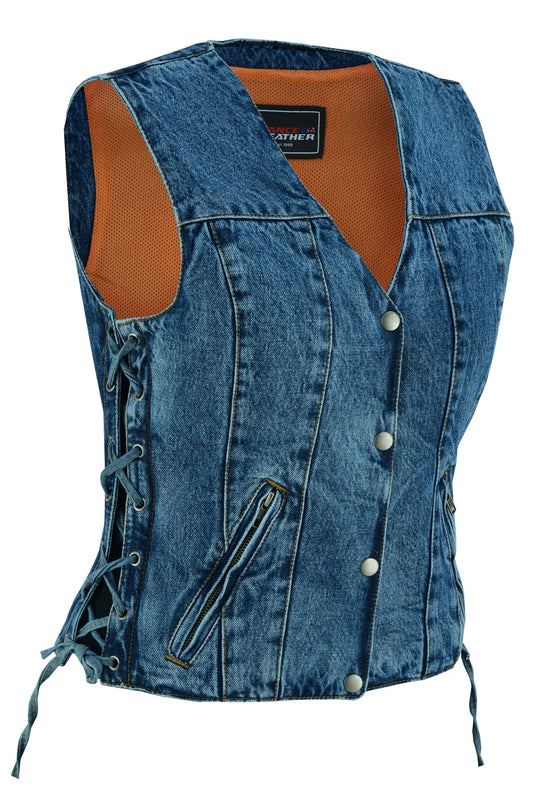 Vance Leather Women's Blue V-Neck Denim Motorcycle Vest, Classic Biker Riding Vest with Side Laces & Dual Interior Pockets (Blue, M)