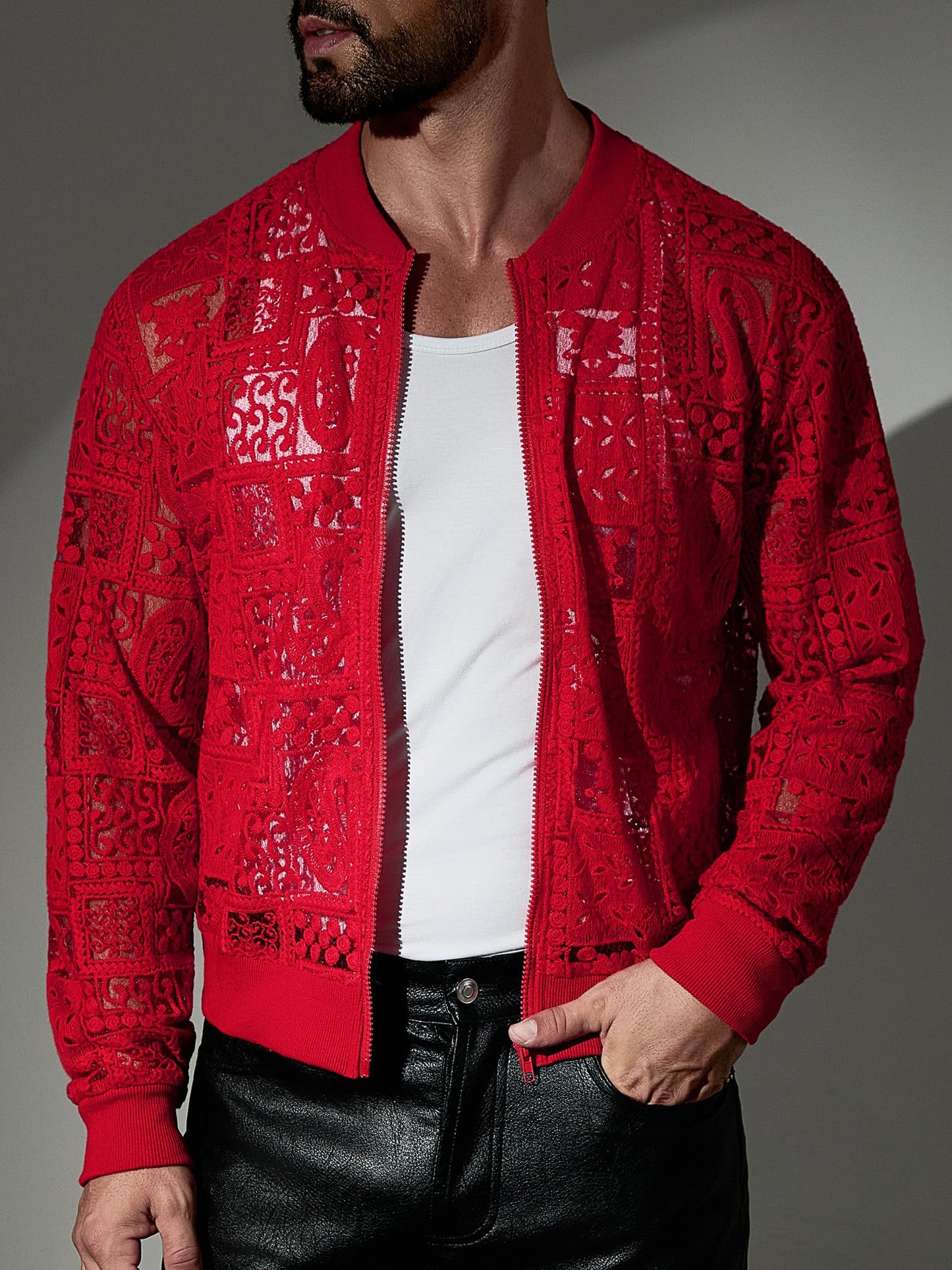 Csqopt Men's Floral Lace Zip Up Jacket Long Sleeve Crochet Sheer Coat Mesh Casual Outerwear Red M