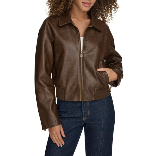 Levi's Women's Faux Leather Bomber with Laydown Collar, Saddle, Medium