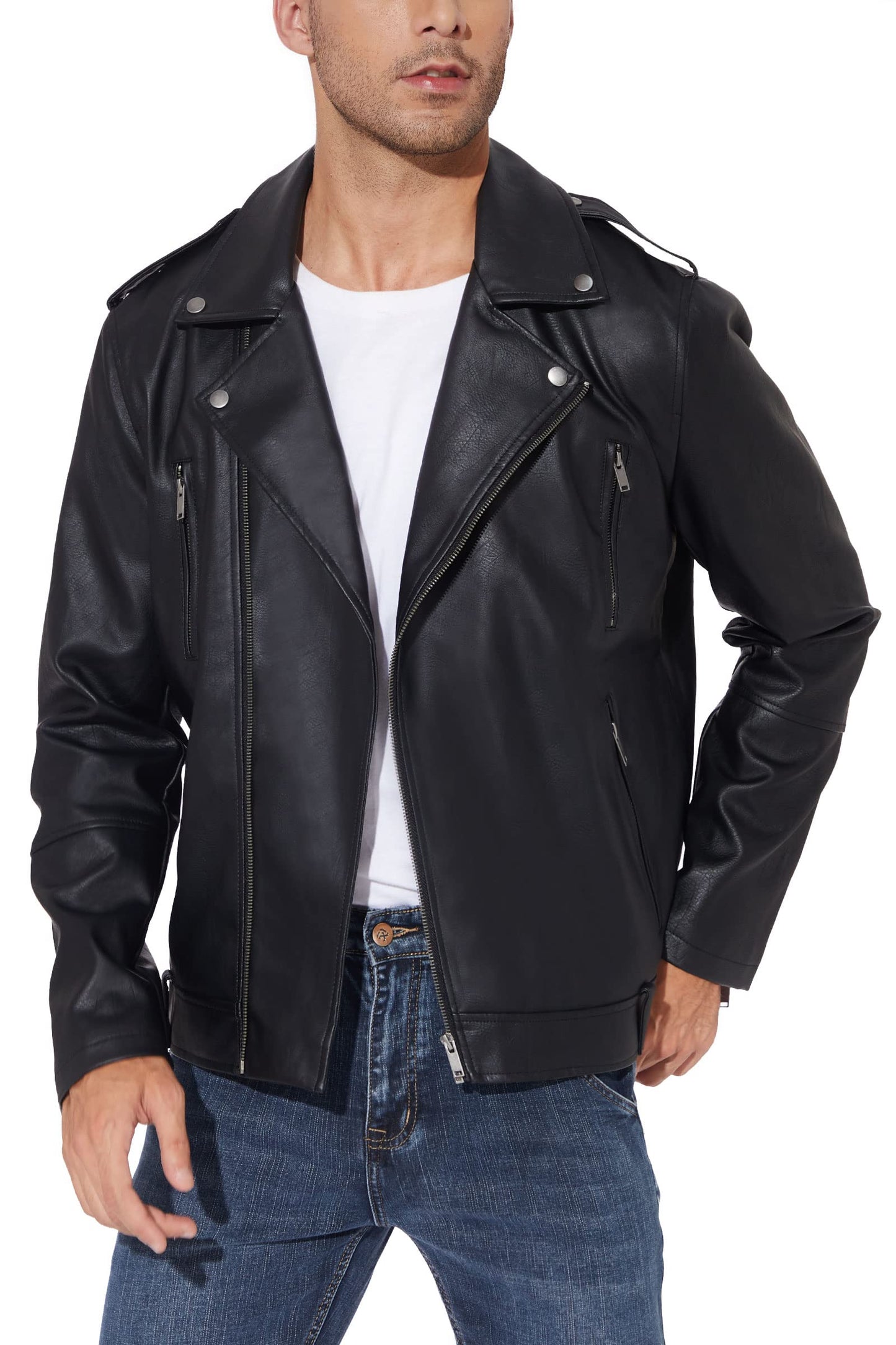 Fahsyee Leather Jackets for Men, Faux Bomber Jacket Mens Motorcycle Lapel Zip-Up Belt Slim Fit Biker Coat Black L