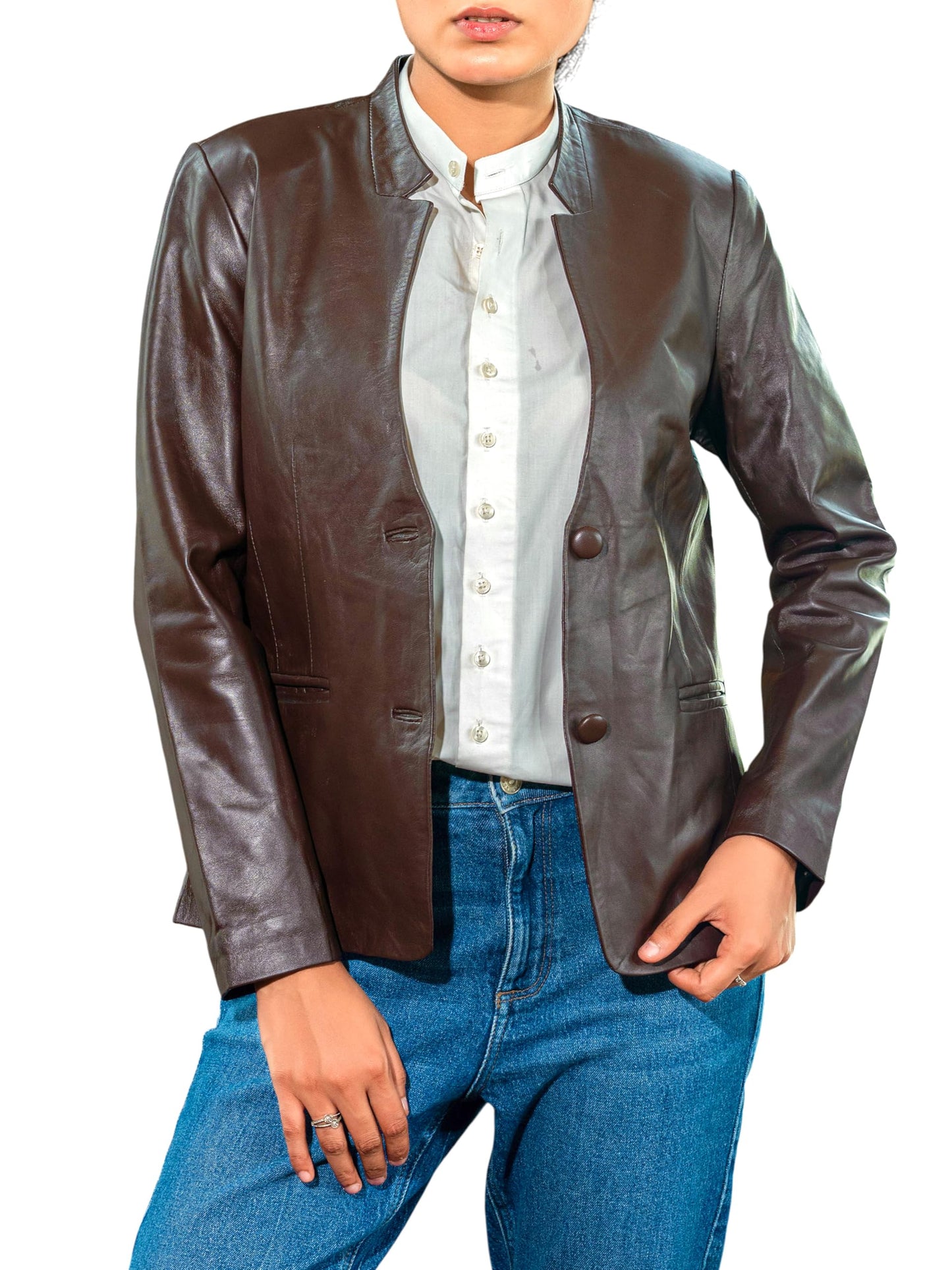 Jild Mandarin Collar Leather Blazer Women - Invisible Stitch Elegant Casual Coat Style Lambskin Leather Jacket Women (Sher.Wo-Brn-3XL)