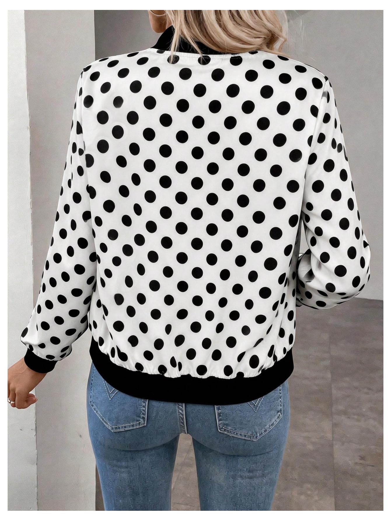 SOLY HUX Women's Polka Dots Bomber Jacket Zip Up Long Sleeve Lightweight Jackets Casual Outerwear Black and White Medium