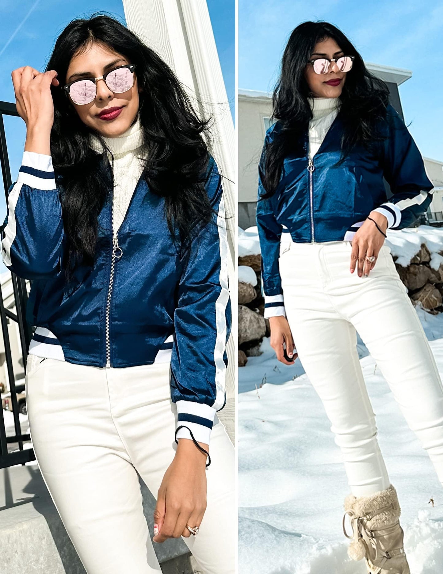 Zeagoo Women's Classic Solid Striped Biker Jacket Zip Up Fashion Bomber Jacket Coat Navy Blue Medium