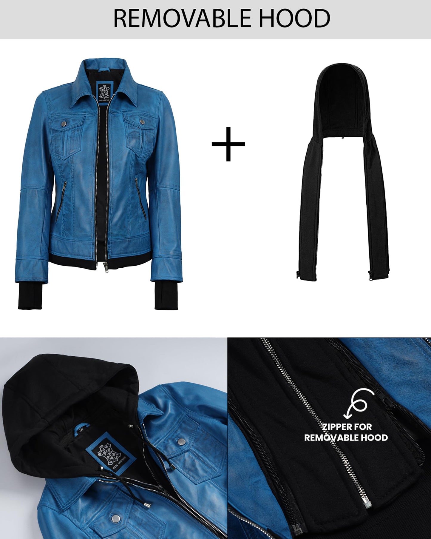 Blingsoul Womens Real Leather Jacket With Hood | [1332243] Betty Vivid Blue, M