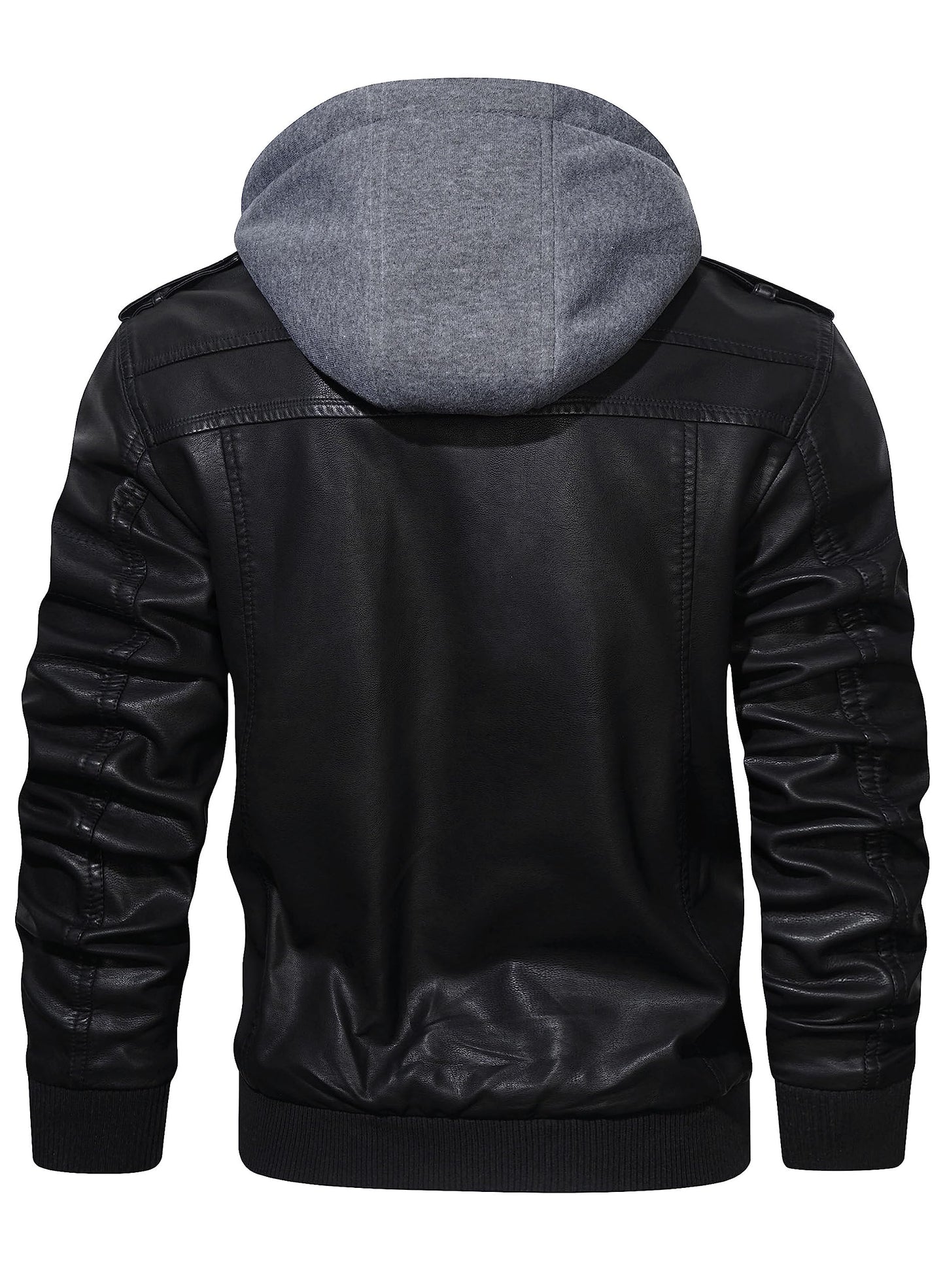 HOOD CREW Men’s Casual Stand Collar PU Faux Leather Zip-Up Motorcycle Bomber Jacket With a Removable Hood