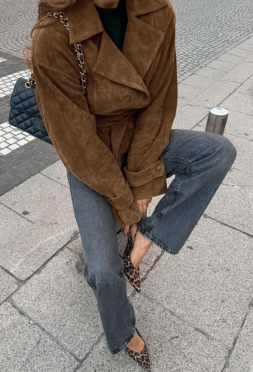 CHARTOU Faux Suede Leather Jacket 2025 Vintage Casual Cropped Wrap Coat with Belt (Large,Brown)