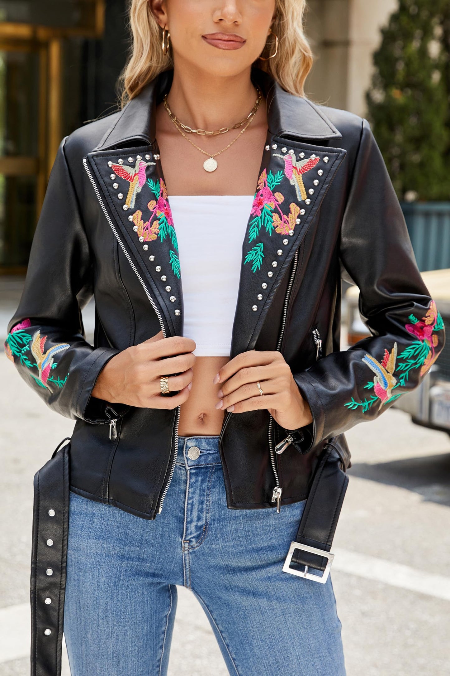 Bellivera Women's Faux Leather Jacket Floral Lightweight Moto Coat Black-a XXL