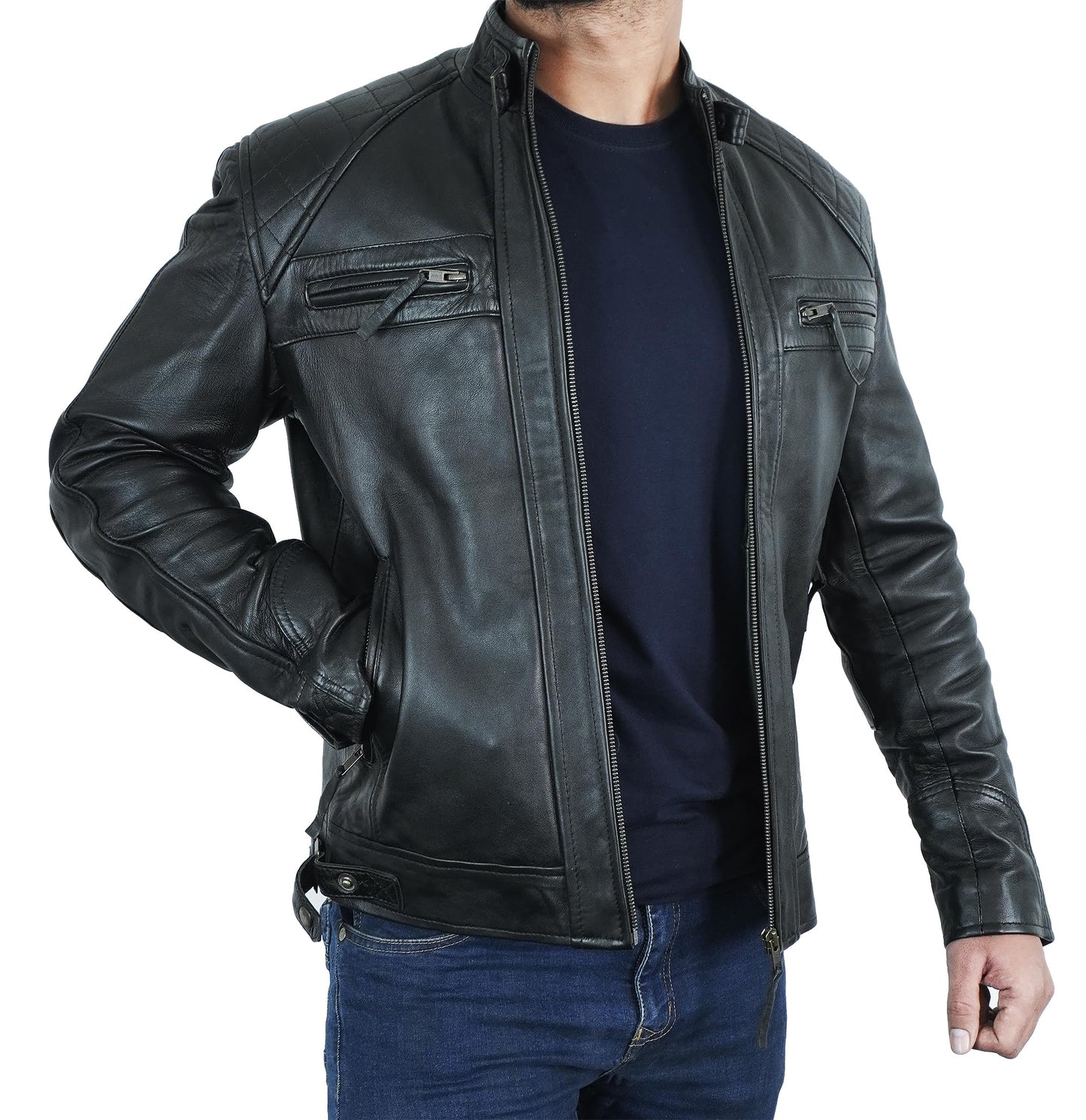 STOREJEES Mens Leather Jacket | Diamond Black - XL